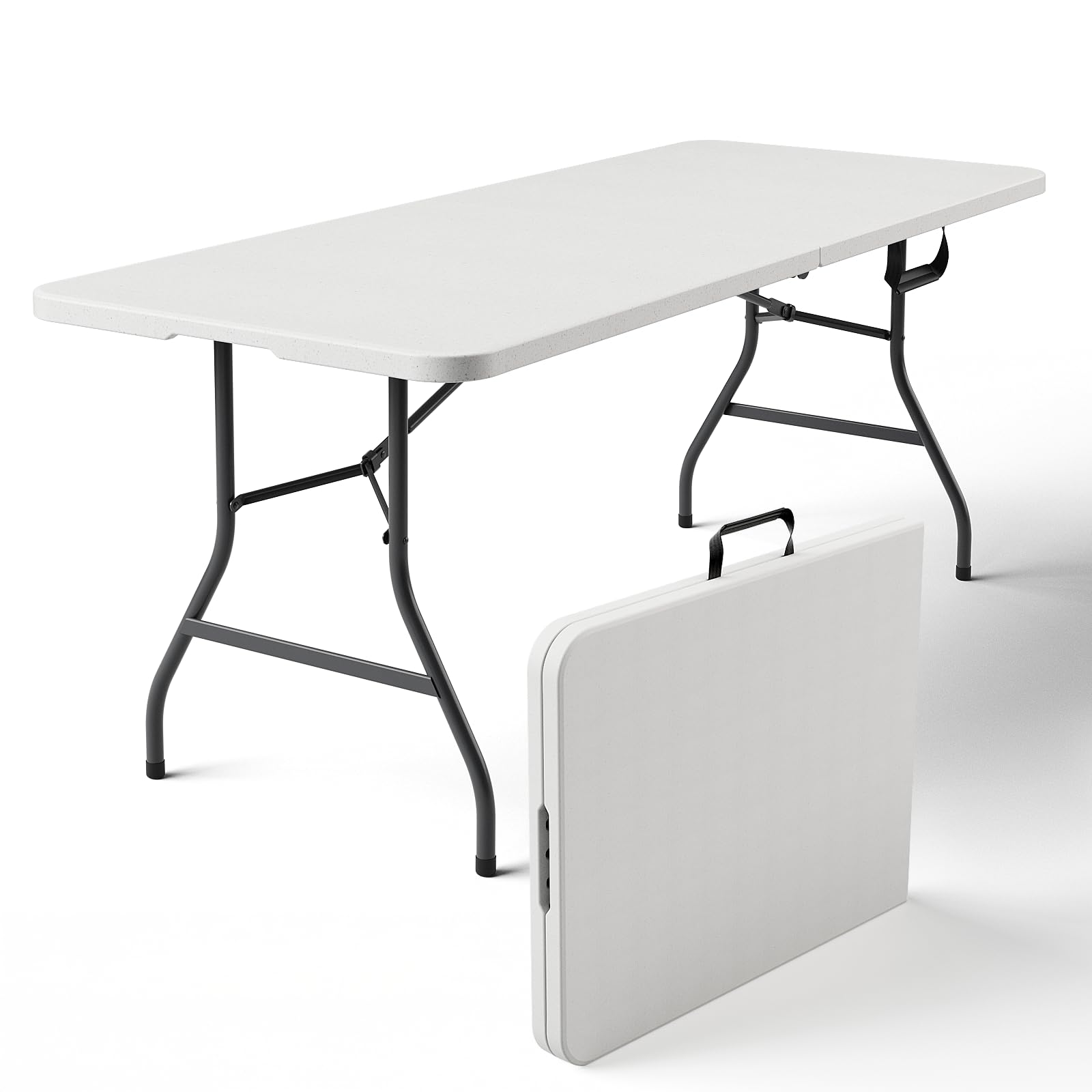 Folding Table 4ft - Heavy Duty Fold-in-Half Plastic Table with Adjustable Height, Portable Utility Tables with Steel Legs for Indoor, Outdoor, Picnic, Camping, Dining, Party (White)