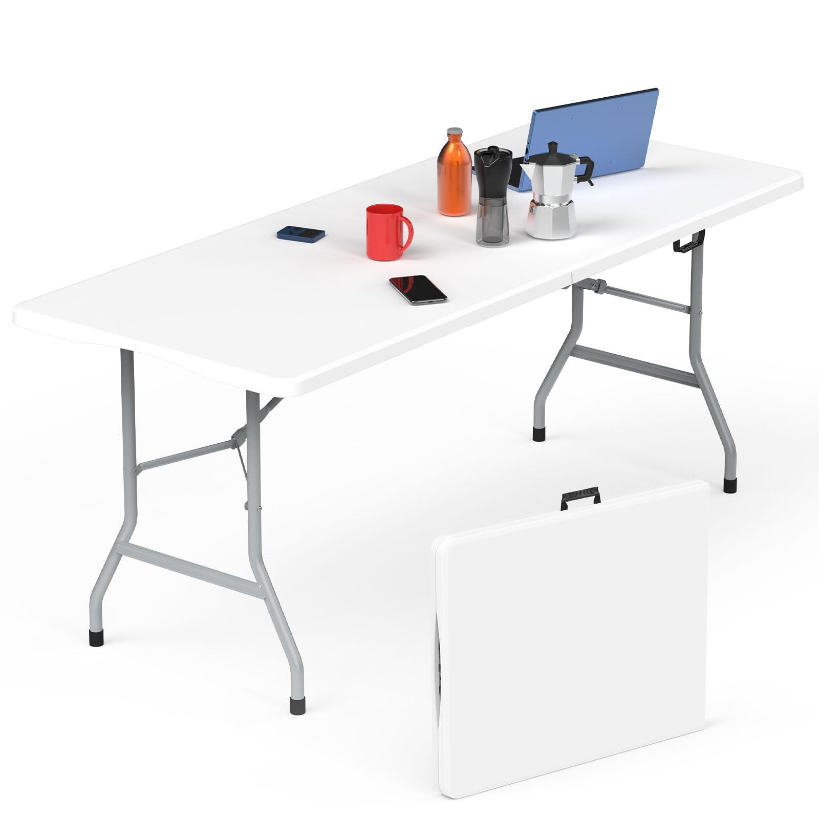 HLPB Folding Table Picnic Table, 8 ft Portable Camping Table with Handle and Safety Locks, Foldable Table Plastic Dining Table Indoor Outdoor for Camping, Picnic and Party