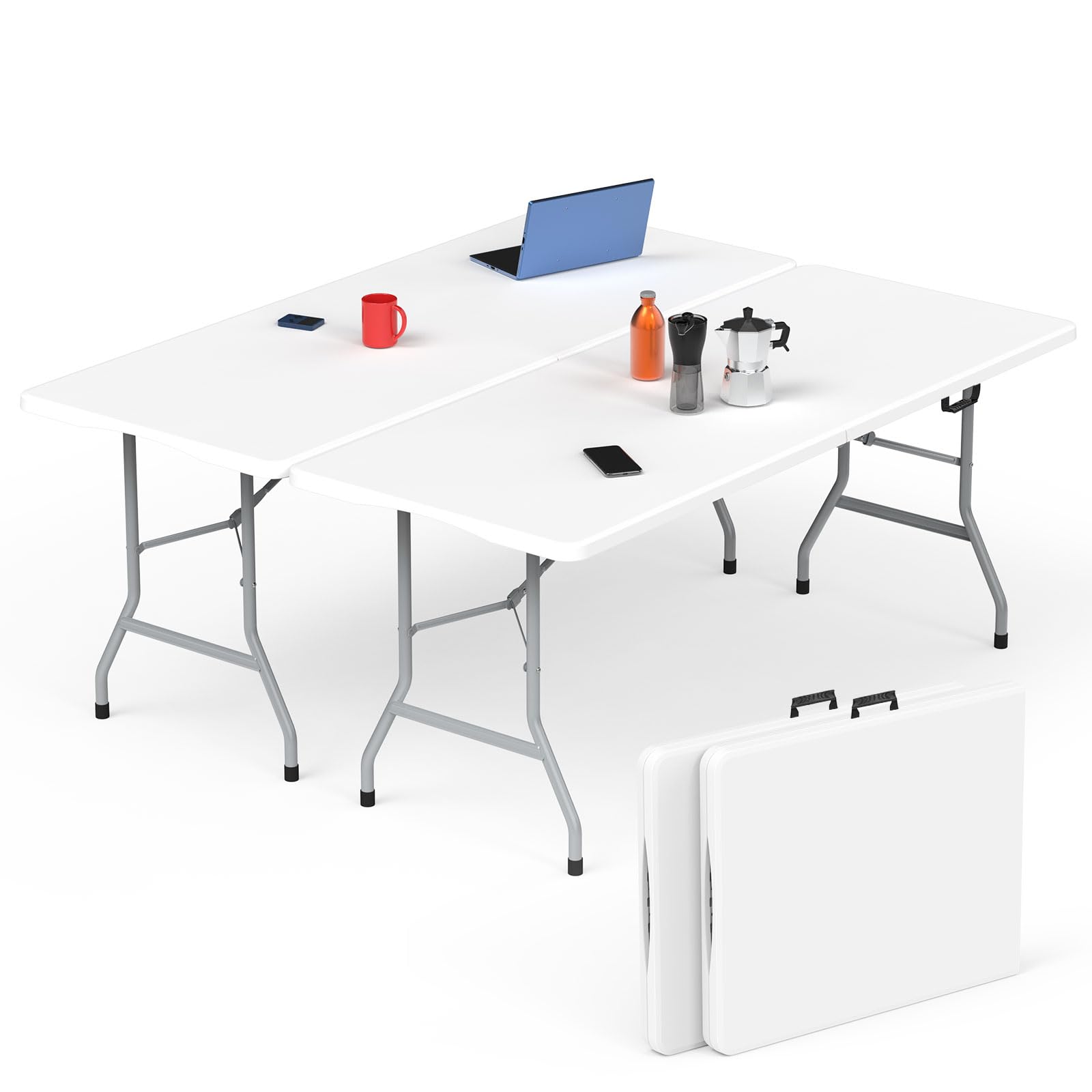 HLPB Folding Table Picnic Table, 8 ft Portable Camping Table with Handle and Safety Locks, Foldable Table Plastic Dining Table Indoor Outdoor for Camping, Picnic and Party