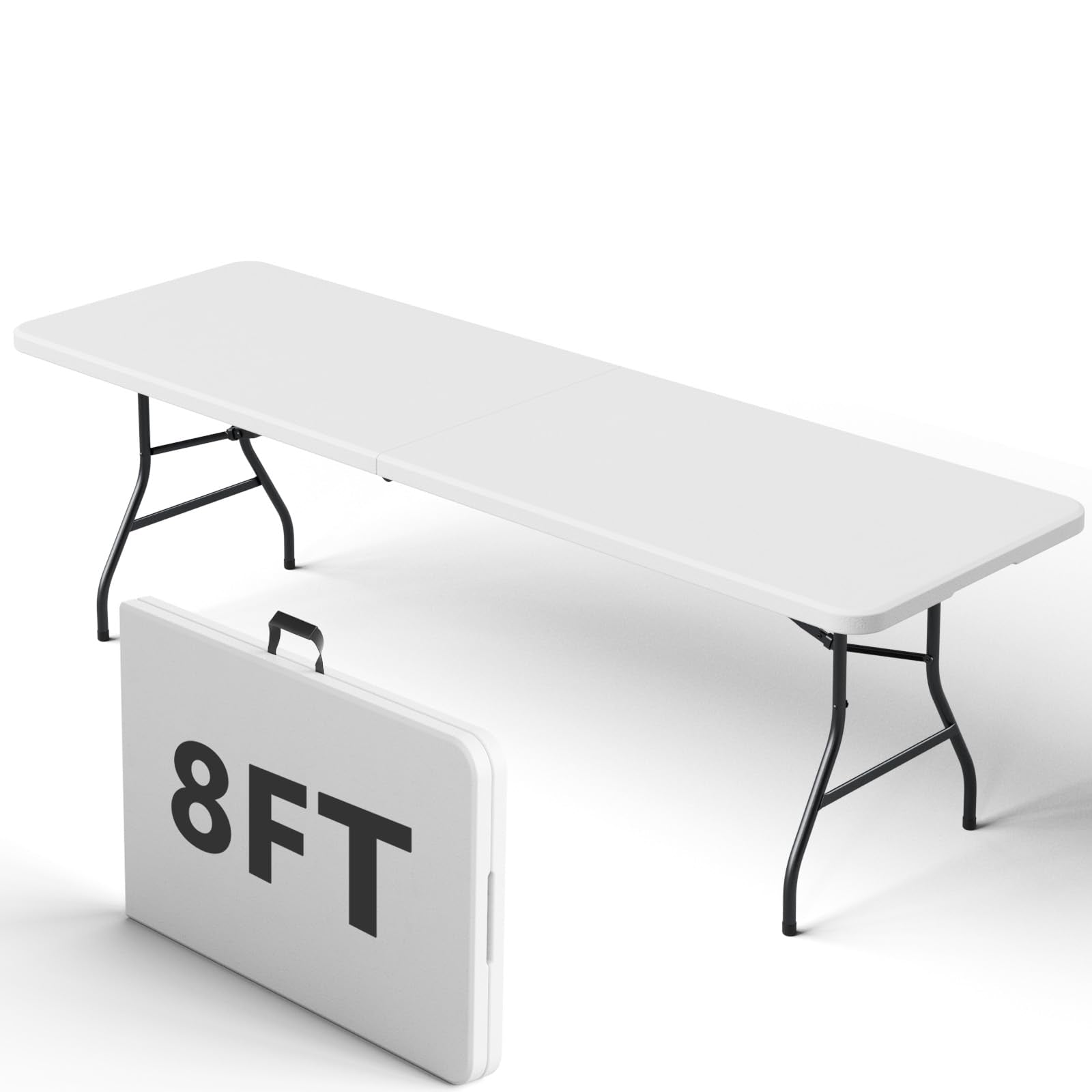 8FT Folding Table, Heavy Duty Plastic Fold-in-Half Utility Table with Handle, Portable Camping Picnic Table with Steel Legs for Indoor Outdoor Party, Dining, BrownBlack