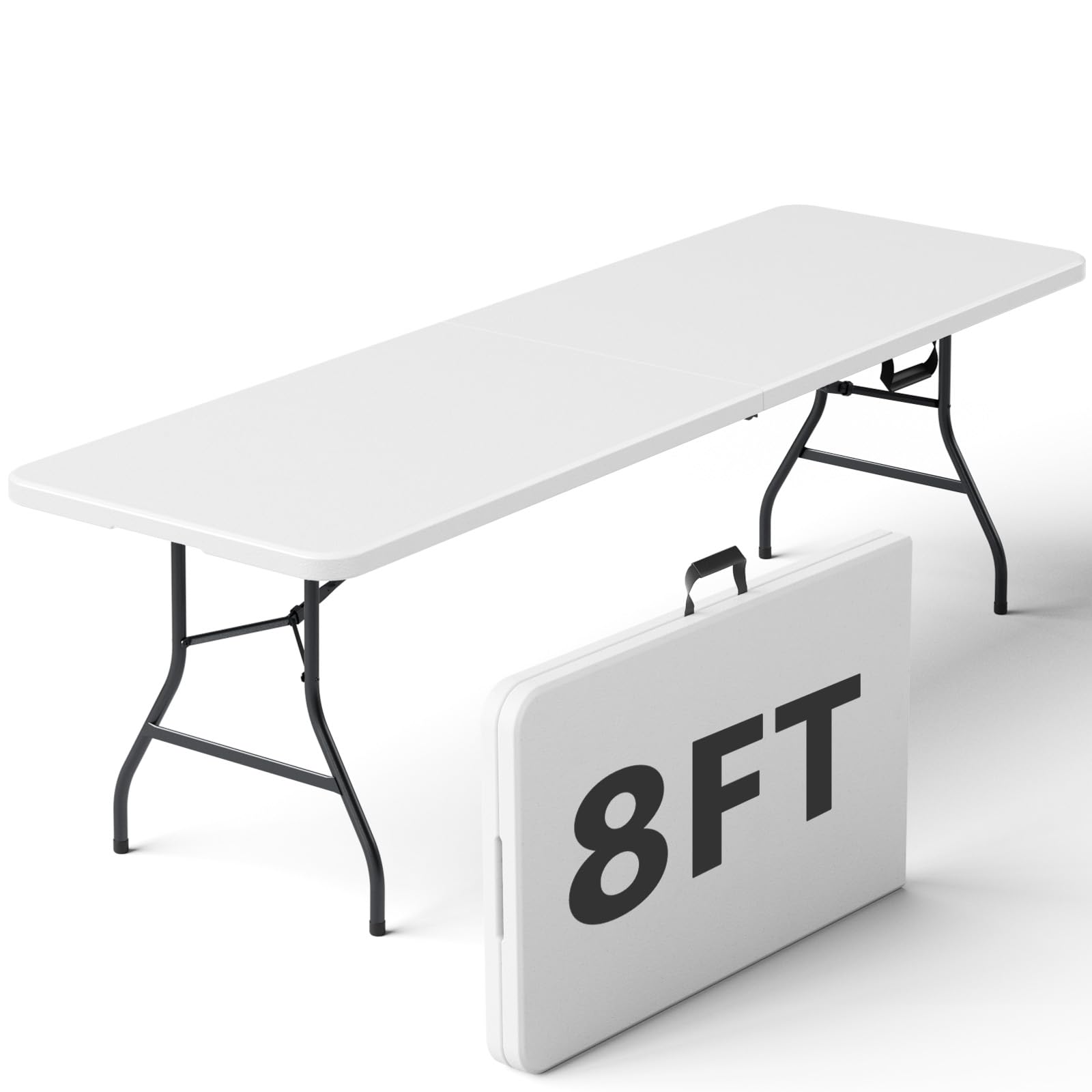 Folding Table 4ft - Heavy Duty Fold-in-Half Plastic Table with Adjustable Height, Portable Utility Tables with Steel Legs for Indoor, Outdoor, Picnic, Camping, Dining, Party (White)