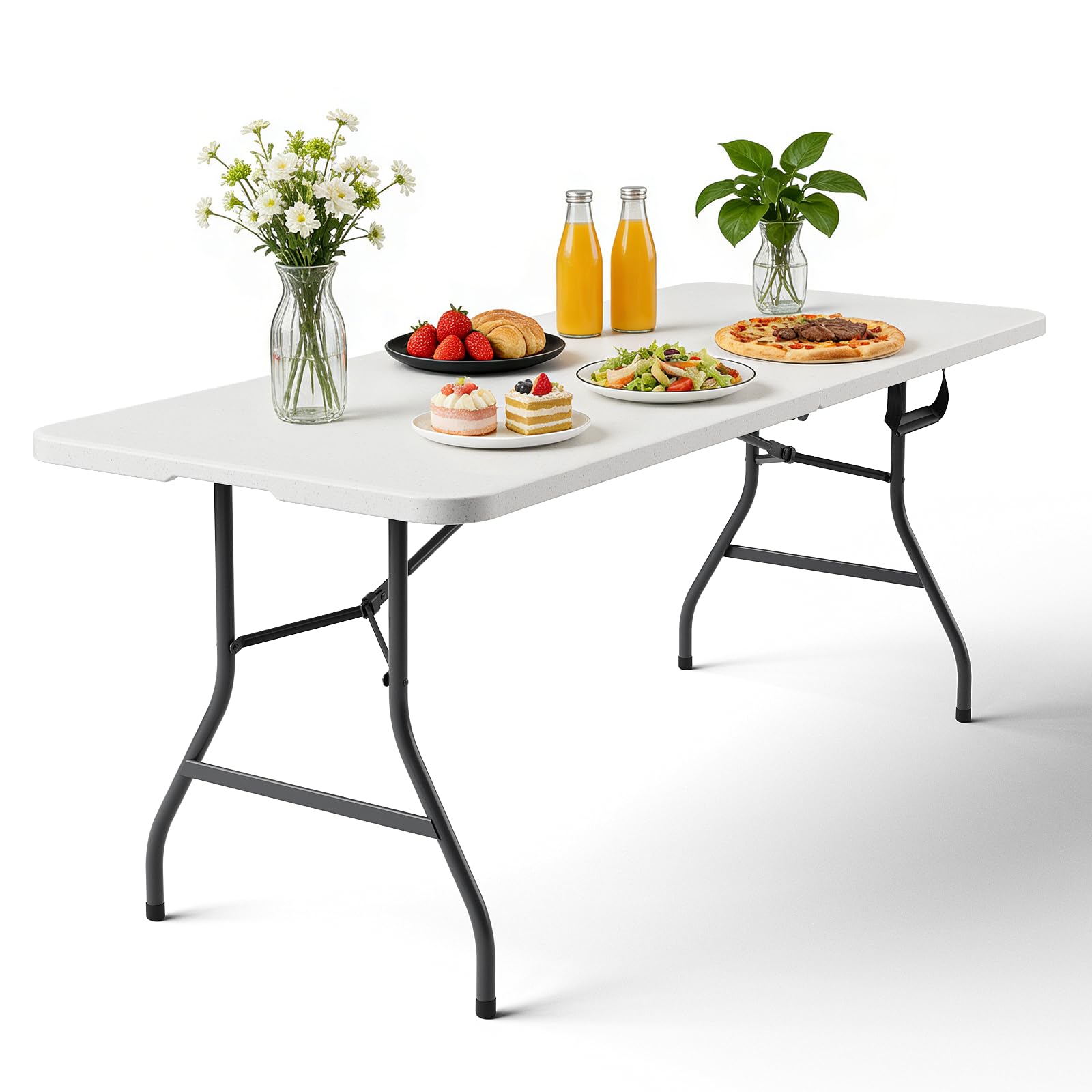 Folding Table 4ft - Heavy Duty Fold-in-Half Plastic Table with Adjustable Height, Portable Utility Tables with Steel Legs for Indoor, Outdoor, Picnic, Camping, Dining, Party (White)