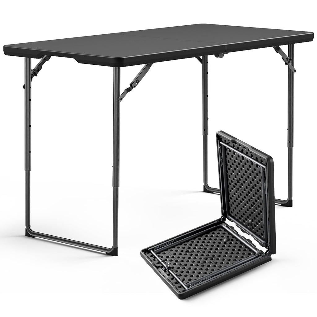 8FT Folding Table, Heavy Duty Plastic Fold-in-Half Utility Table with Handle, Portable Camping Picnic Table with Steel Legs for Indoor Outdoor Party, Dining, BrownBlack