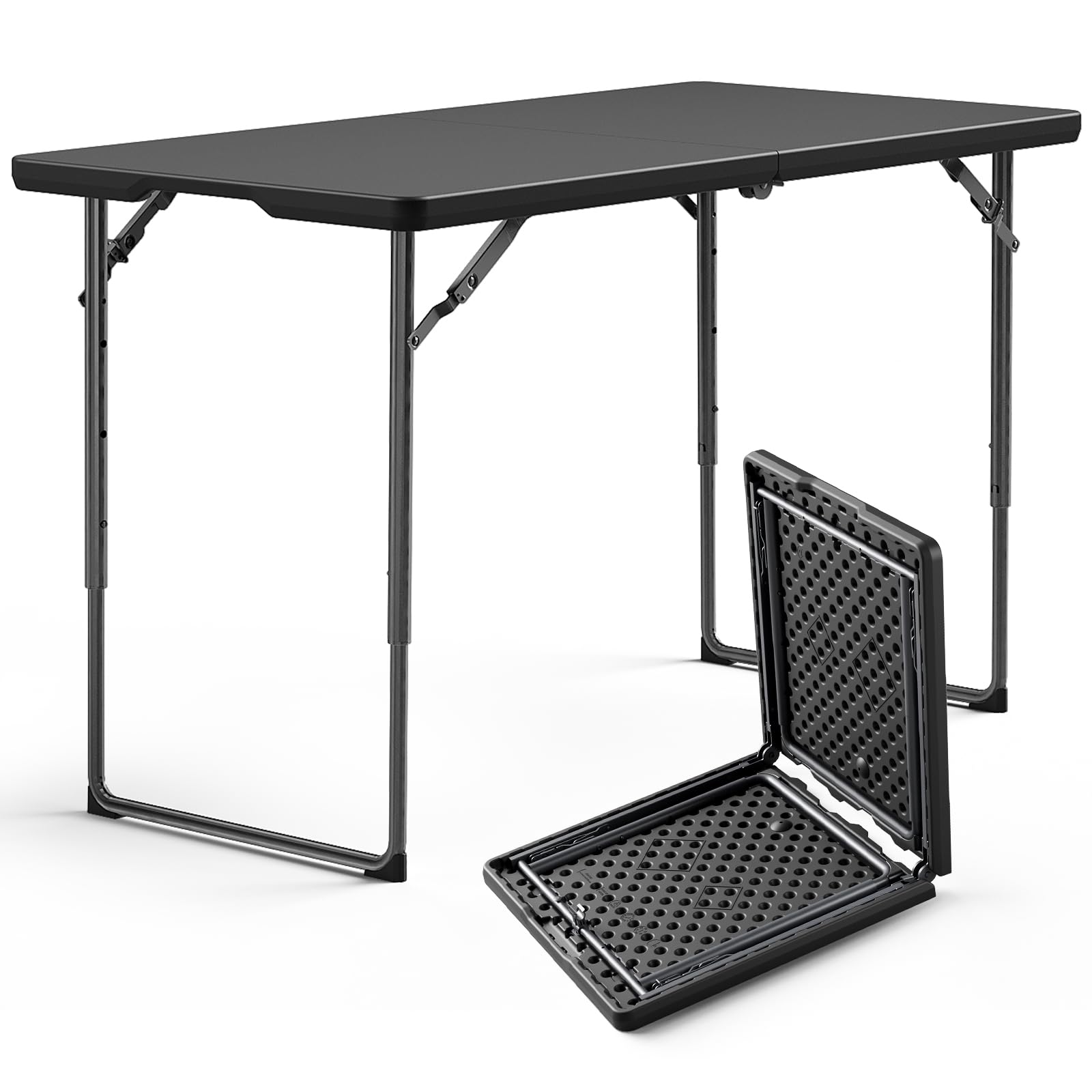 8FT Folding Table, Heavy Duty Plastic Fold-in-Half Utility Table with Handle, Portable Camping Picnic Table with Steel Legs for Indoor Outdoor Party, Dining, BrownBlack