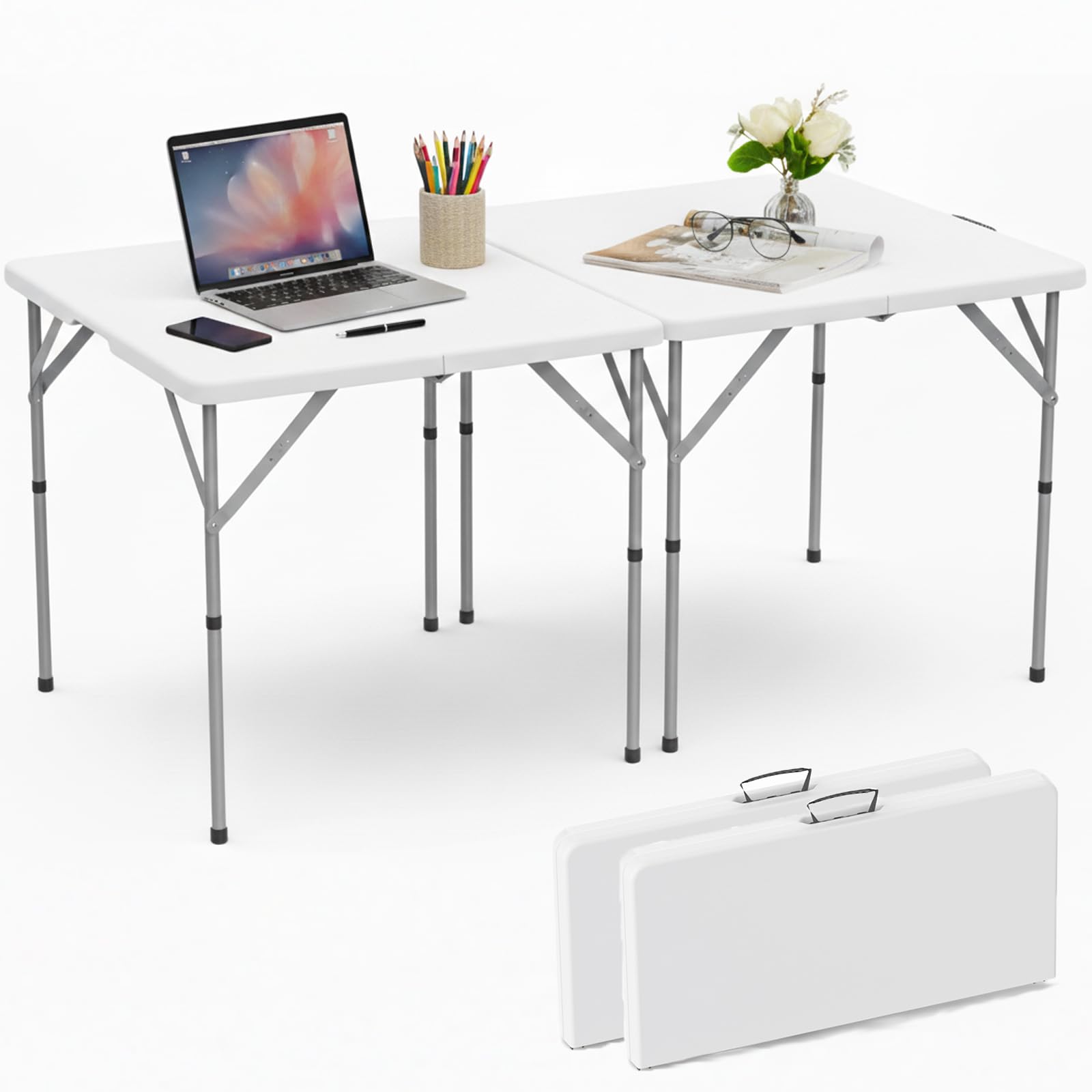 HLPB Folding Table Picnic Table, 8 ft Portable Camping Table with Handle and Safety Locks, Foldable Table Plastic Dining Table Indoor Outdoor for Camping, Picnic and Party