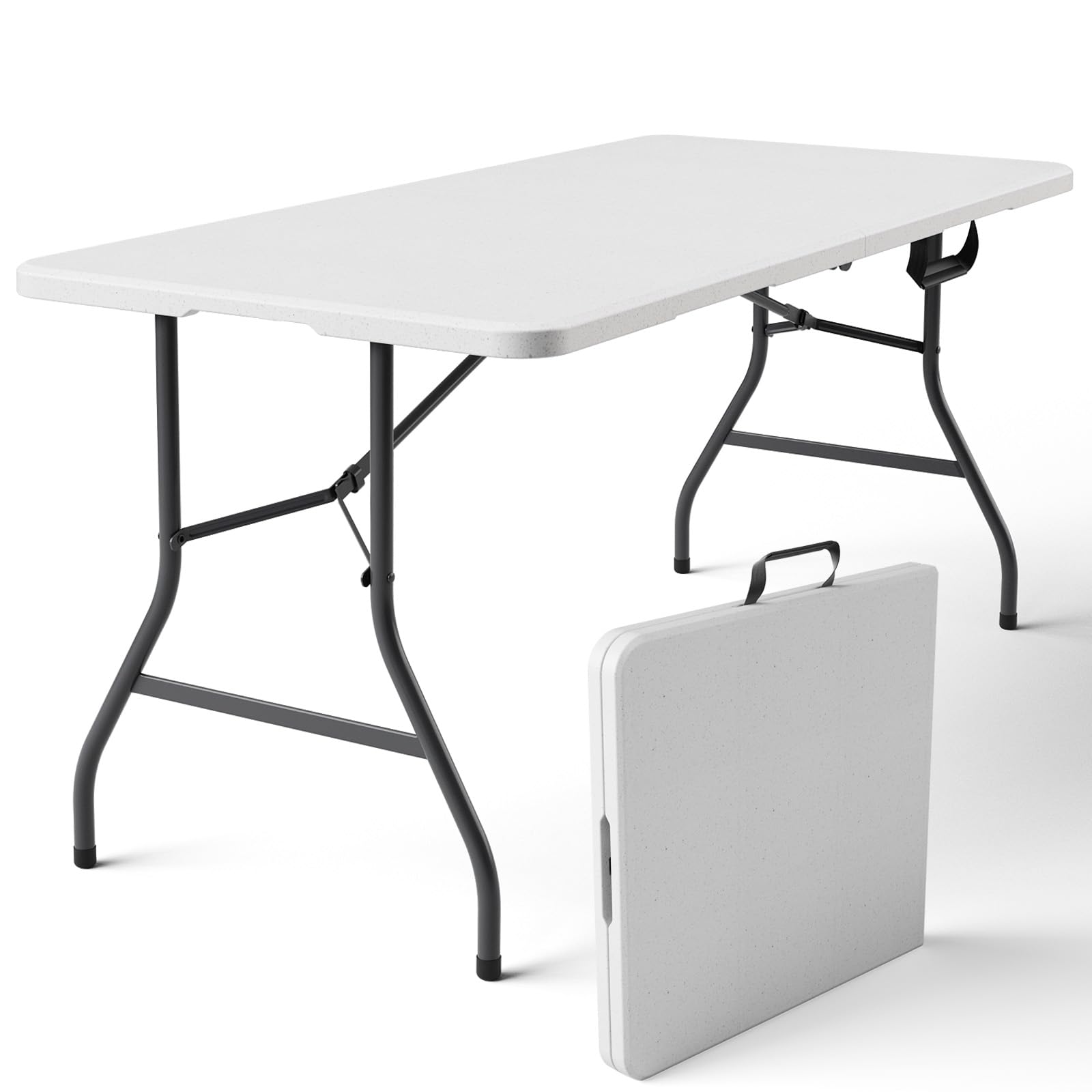 Folding Table 4ft - Heavy Duty Fold-in-Half Plastic Table with Adjustable Height, Portable Utility Tables with Steel Legs for Indoor, Outdoor, Picnic, Camping, Dining, Party (White)