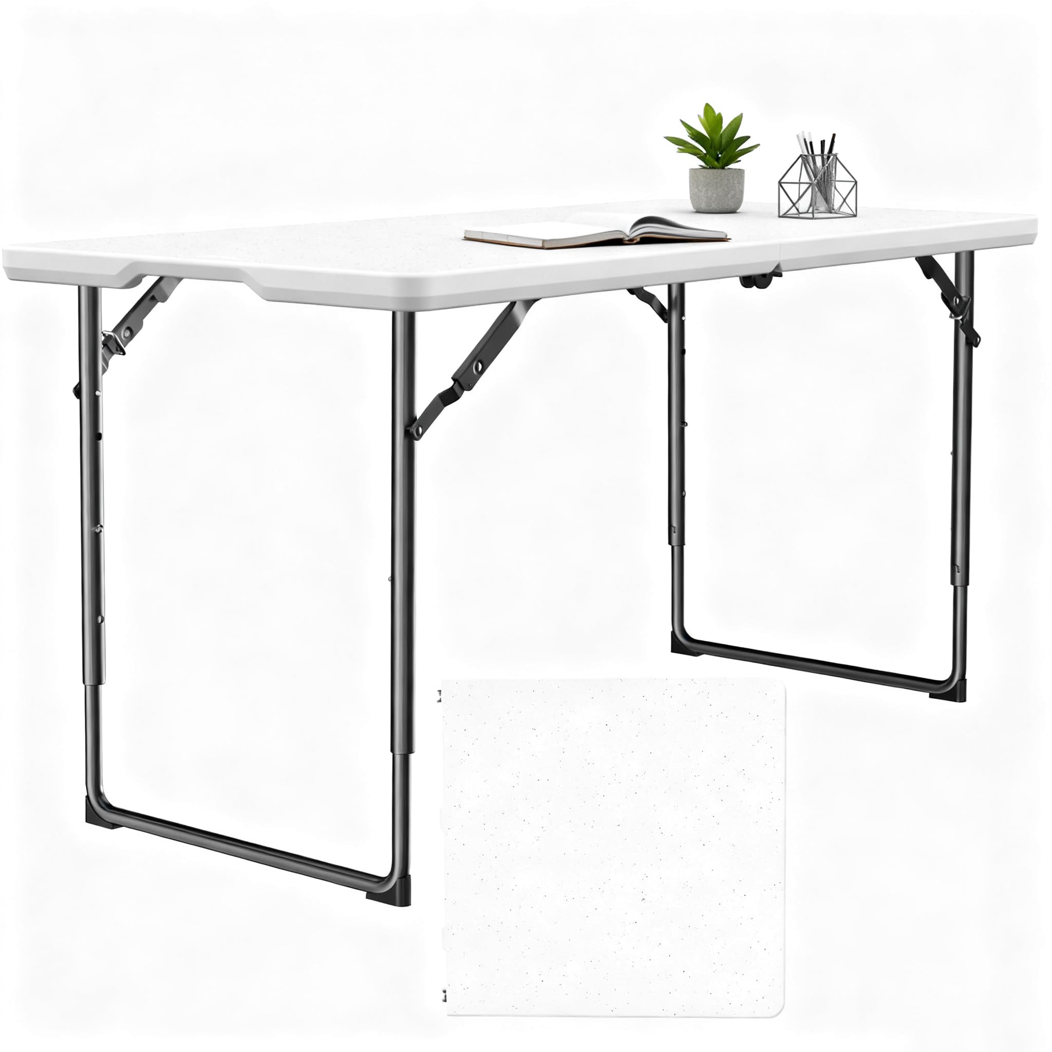 Folding Table 4ft - Heavy Duty Fold-in-Half Plastic Table with Adjustable Height, Portable Utility Tables with Steel Legs for Indoor, Outdoor, Picnic, Camping, Dining, Party (White)