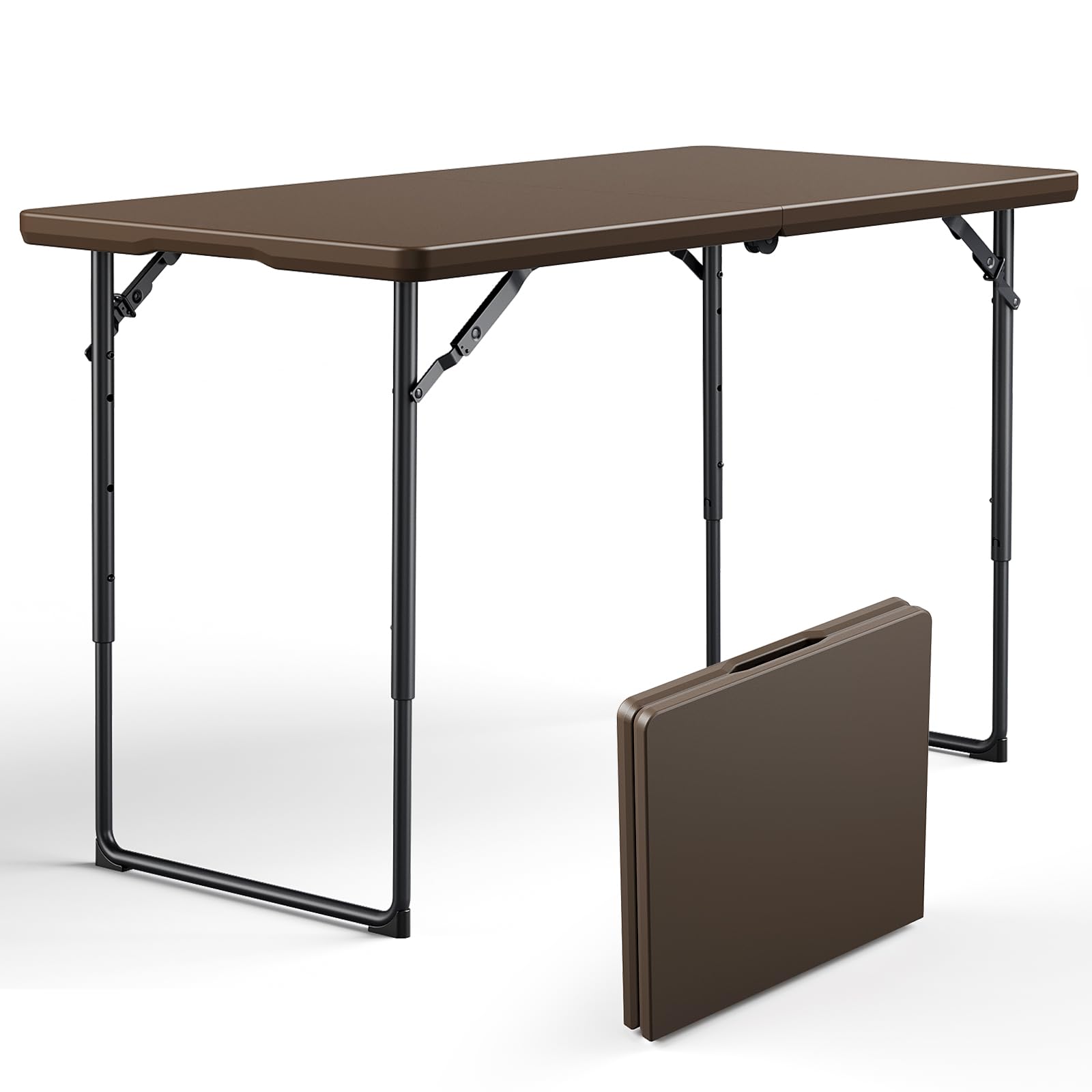 Folding Table 4ft - Heavy Duty Fold-in-Half Plastic Table with Adjustable Height, Portable Utility Tables with Steel Legs for Indoor, Outdoor, Picnic, Camping, Dining, Party (White)