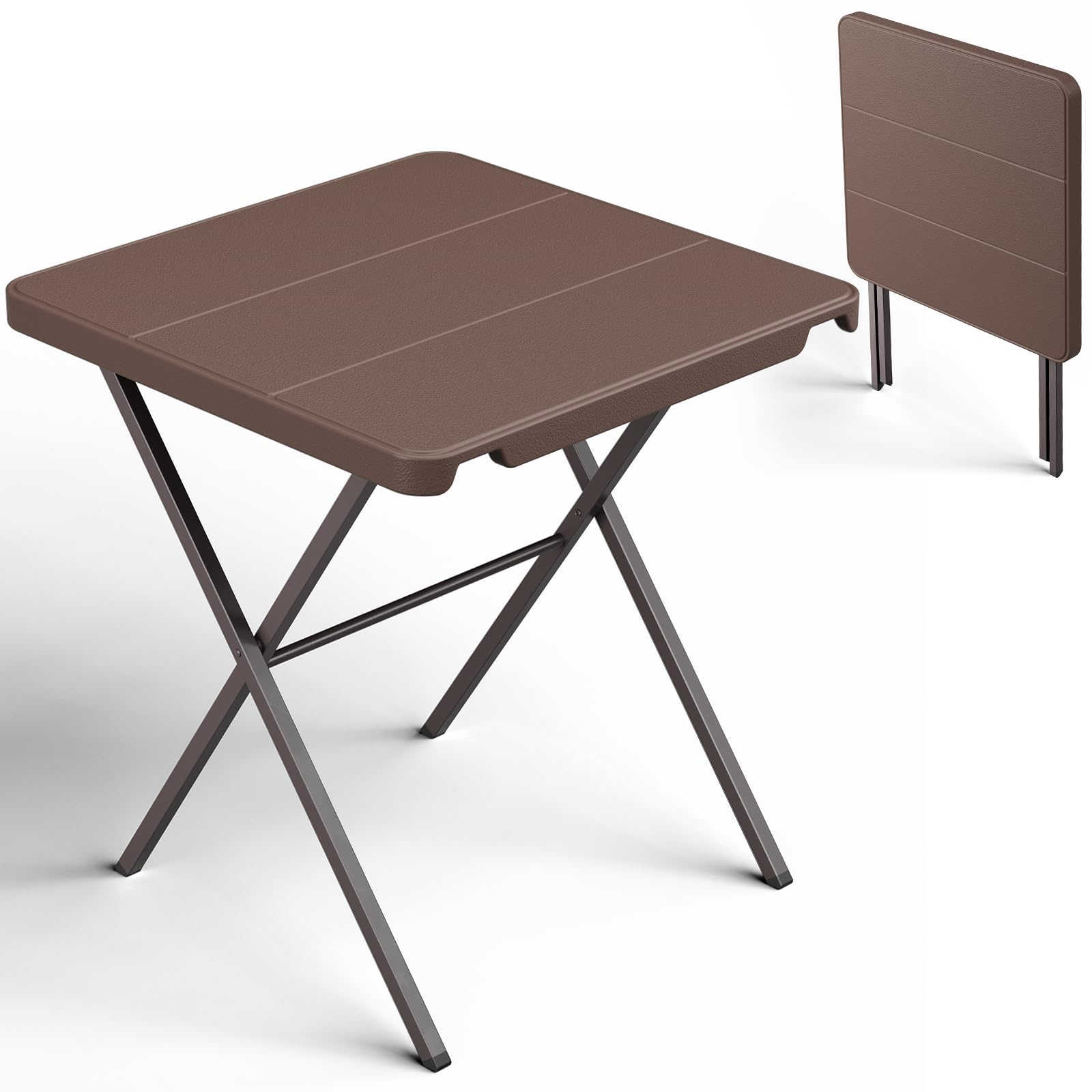 8FT Folding Table, Heavy Duty Plastic Fold-in-Half Utility Table with Handle, Portable Camping Picnic Table with Steel Legs for Indoor Outdoor Party, Dining, BrownBlack