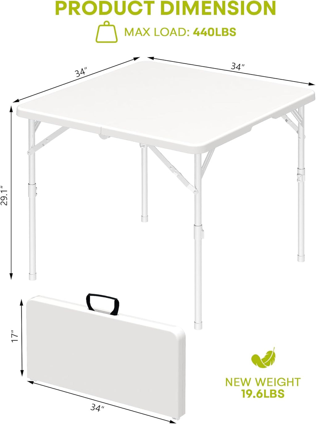 34" Square Folding Table with Built in Handle & Steel Legs, Heavy Duty Portable Card Table, Foldable Tables Perfect for Party, Dining, Wedding, Events, Picnic Indoor, Outdoor, Camping, Utility