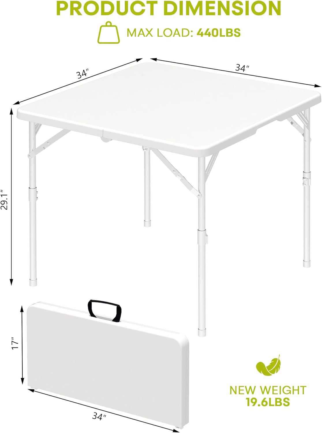 34" Square Folding Table with Built in Handle & Steel Legs, Heavy Duty Portable Card Table, Foldable Tables Perfect for Party, Dining, Wedding, Events, Picnic Indoor, Outdoor, Camping, Utility