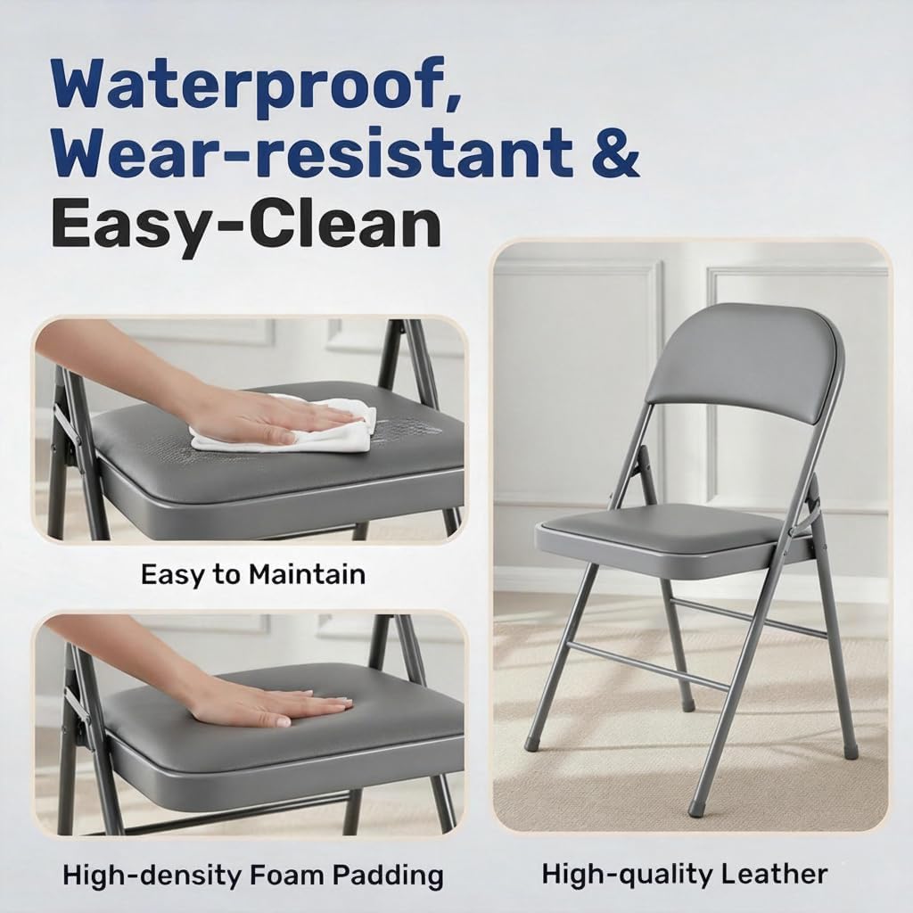 Simple Deluxe 2 Pack Folding Chairs – Padded Leather Seats, Heavy-Duty Metal Frame | Collapsible & Lightweight for Indoor/Outdoor Events, Home, Office, Grey