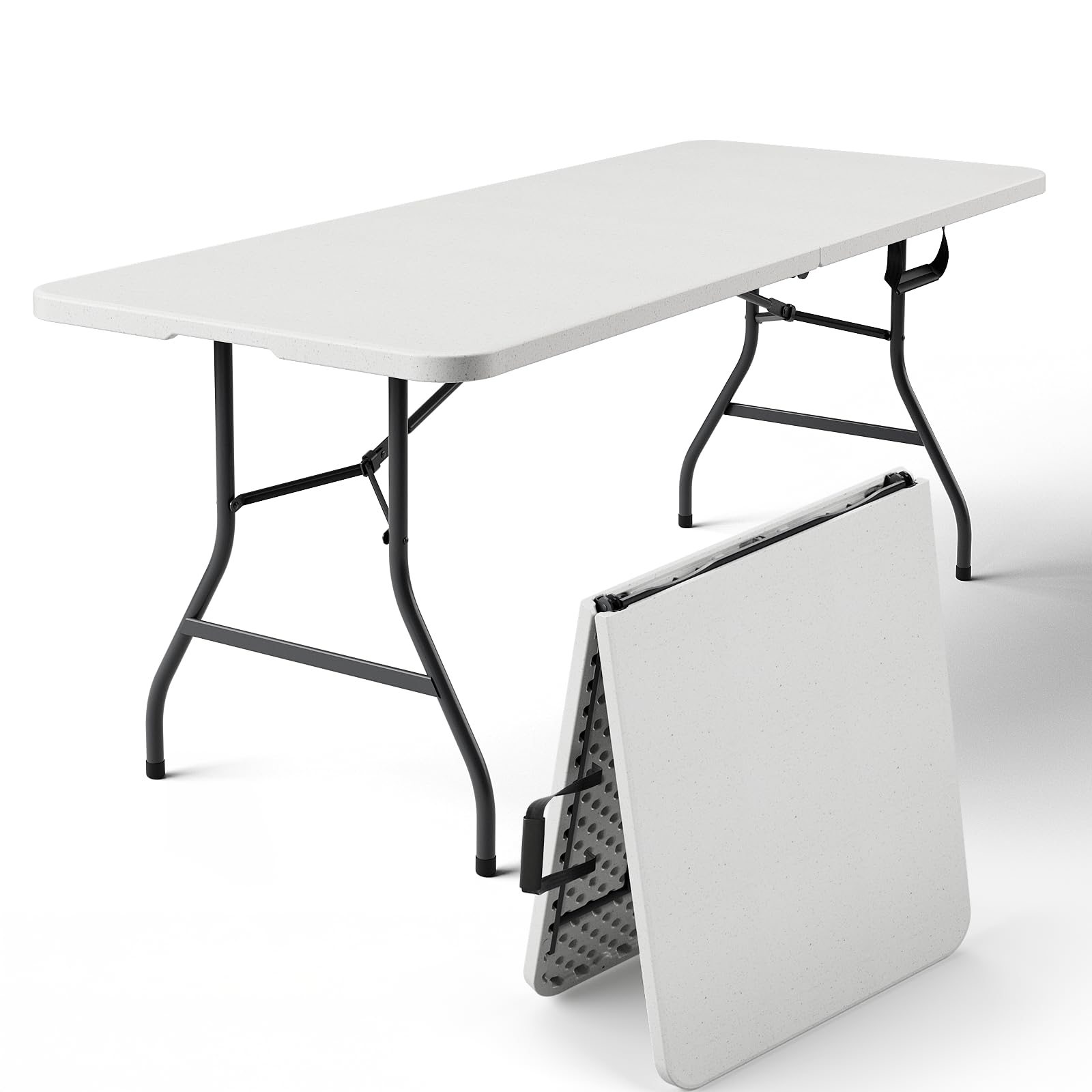 8FT Folding Table, Heavy Duty Plastic Fold-in-Half Utility Table with Handle, Portable Camping Picnic Table with Steel Legs for Indoor Outdoor Party, Dining, BrownBlack