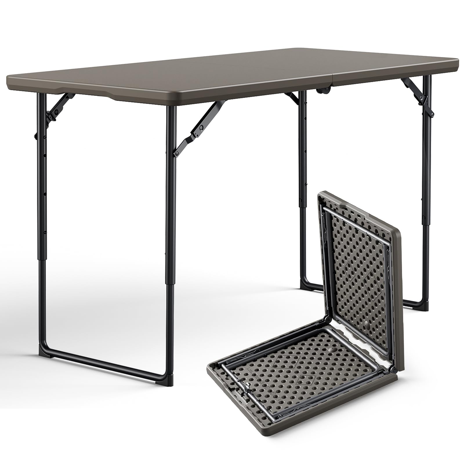Folding Table 4ft - Heavy Duty Fold-in-Half Plastic Table with Adjustable Height, Portable Utility Tables with Steel Legs for Indoor, Outdoor, Picnic, Camping, Dining, Party (White)