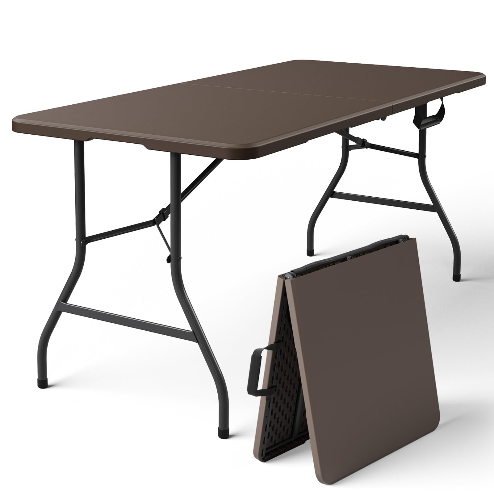 8FT Folding Table, Heavy Duty Plastic Fold-in-Half Utility Table with Handle, Portable Camping Picnic Table with Steel Legs for Indoor Outdoor Party, Dining, BrownBlack