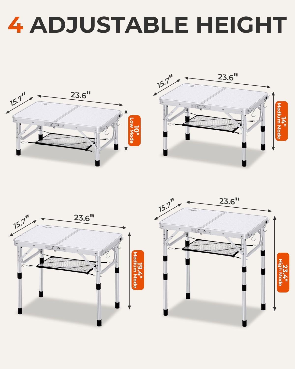 Sportneer Camping Table: Adjustable Height Small Folding Table 23.6" L x 15.7" W 4 Height with Mesh Layer - Compact & Portable Camping Essentials for Outdoor Camp Garden Picnic BBQ Dining Cooking