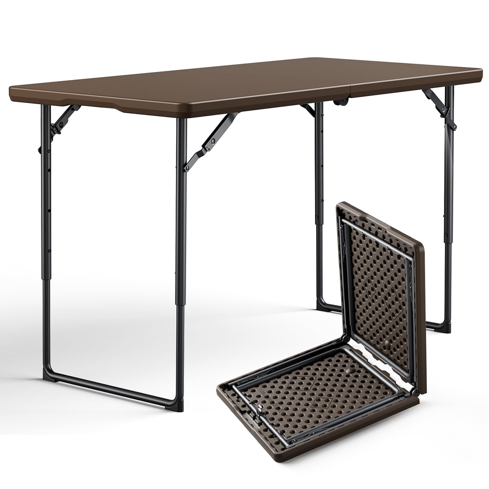 Folding Table 4ft - Heavy Duty Fold-in-Half Plastic Table with Adjustable Height, Portable Utility Tables with Steel Legs for Indoor, Outdoor, Picnic, Camping, Dining, Party (White)