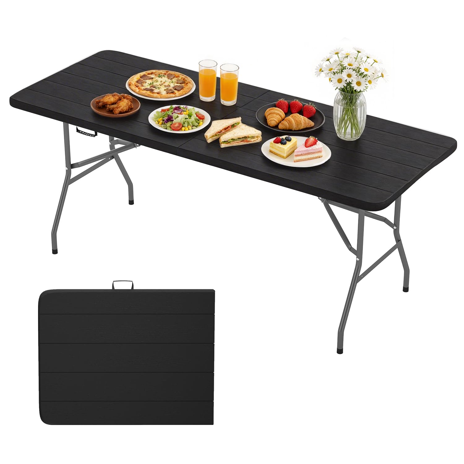 BestOffice Outdoor 6 FT Folding Camping Table Plastic Table Portable Square Height Dining Table Perfect for Picnics, Parties, Party and Camping, Black