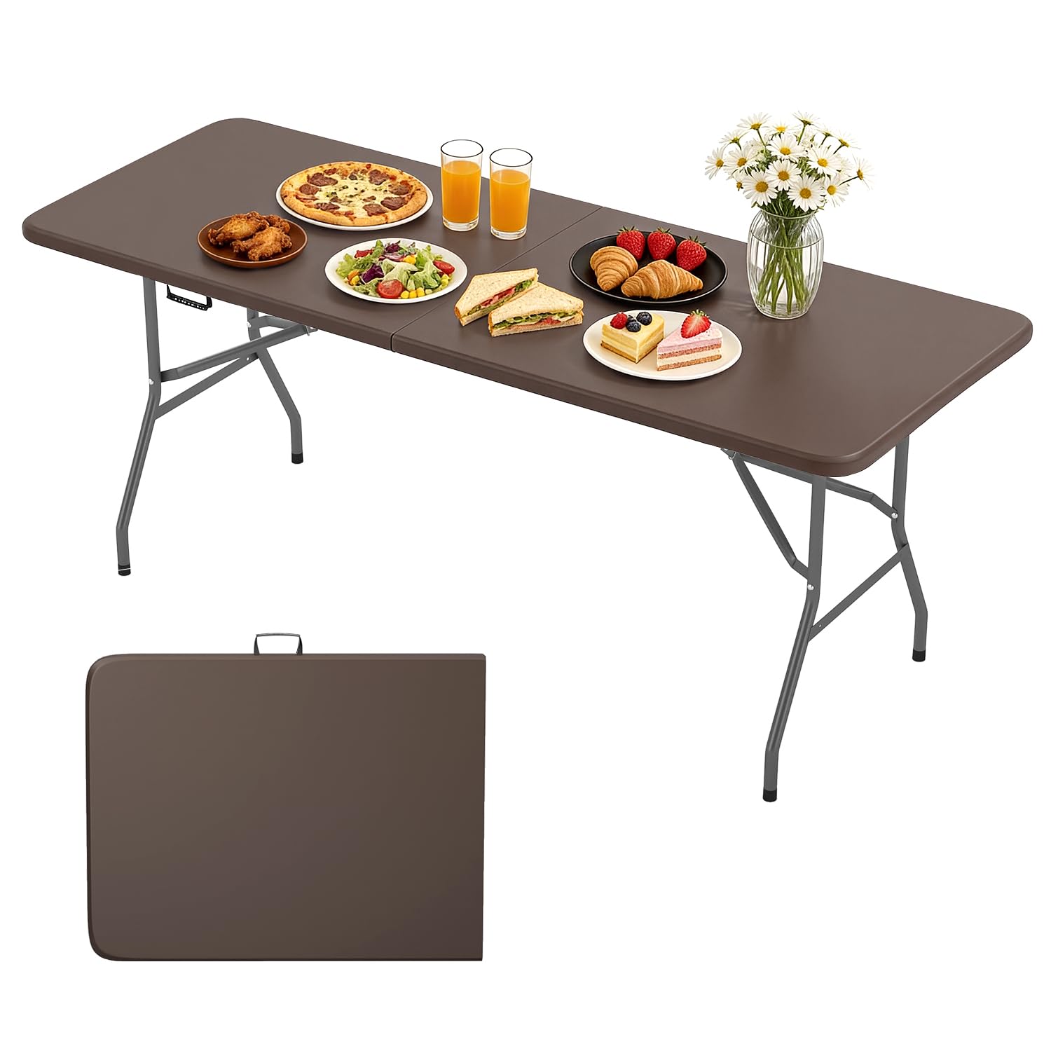 BestOffice Outdoor 6 FT Folding Camping Table Plastic Table Portable Square Height Dining Table Perfect for Picnics, Parties, Party and Camping, Black