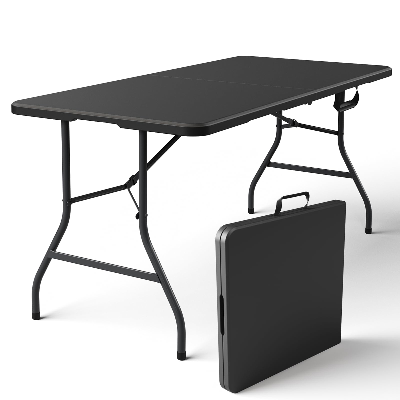 8FT Folding Table, Heavy Duty Plastic Fold-in-Half Utility Table with Handle, Portable Camping Picnic Table with Steel Legs for Indoor Outdoor Party, Dining, BrownBlack