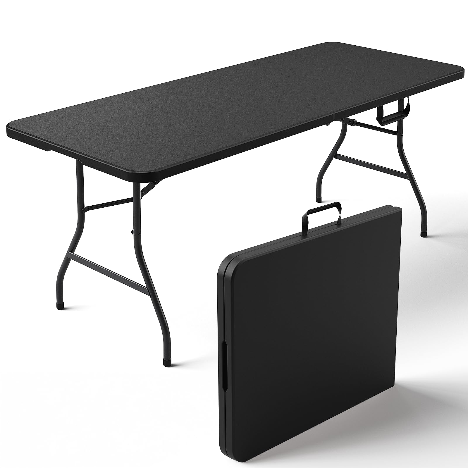 8FT Folding Table, Heavy Duty Plastic Fold-in-Half Utility Table with Handle, Portable Camping Picnic Table with Steel Legs for Indoor Outdoor Party, Dining, BrownBlack