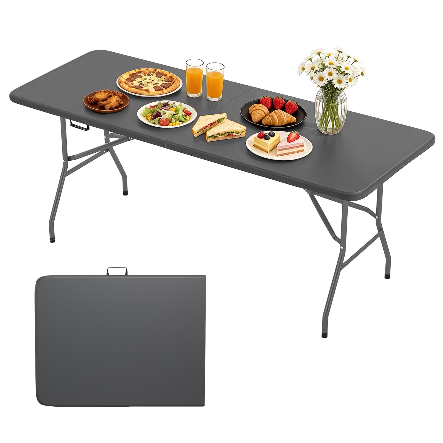 BestOffice Outdoor 6 FT Folding Camping Table Plastic Table Portable Square Height Dining Table Perfect for Picnics, Parties, Party and Camping, Black
