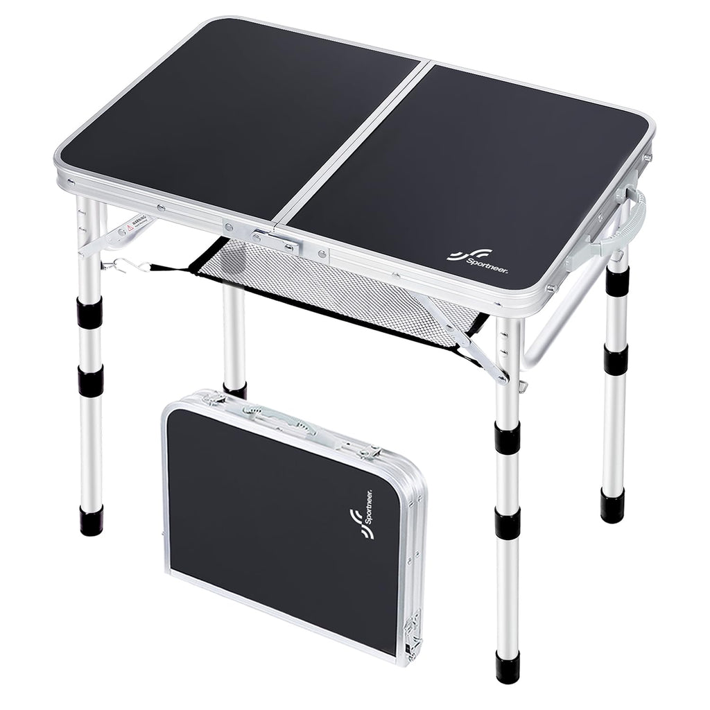 Sportneer Camping Table: Adjustable Height Small Folding Table 23.6" L x 15.7" W 4 Height with Mesh Layer - Compact & Portable Camping Essentials for Outdoor Camp Garden Picnic BBQ Dining Cooking