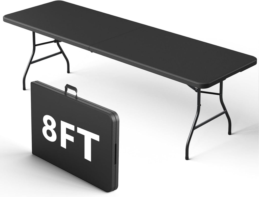 8FT Folding Table, Heavy Duty Plastic Fold-in-Half Utility Table with Handle, Portable Camping Picnic Table with Steel Legs for Indoor Outdoor Party, Dining, BrownBlack