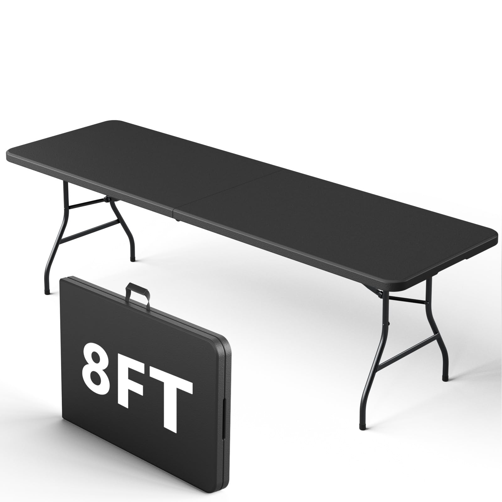 8FT Folding Table, Heavy Duty Plastic Fold-in-Half Utility Table with Handle, Portable Camping Picnic Table with Steel Legs for Indoor Outdoor Party, Dining, BrownBlack