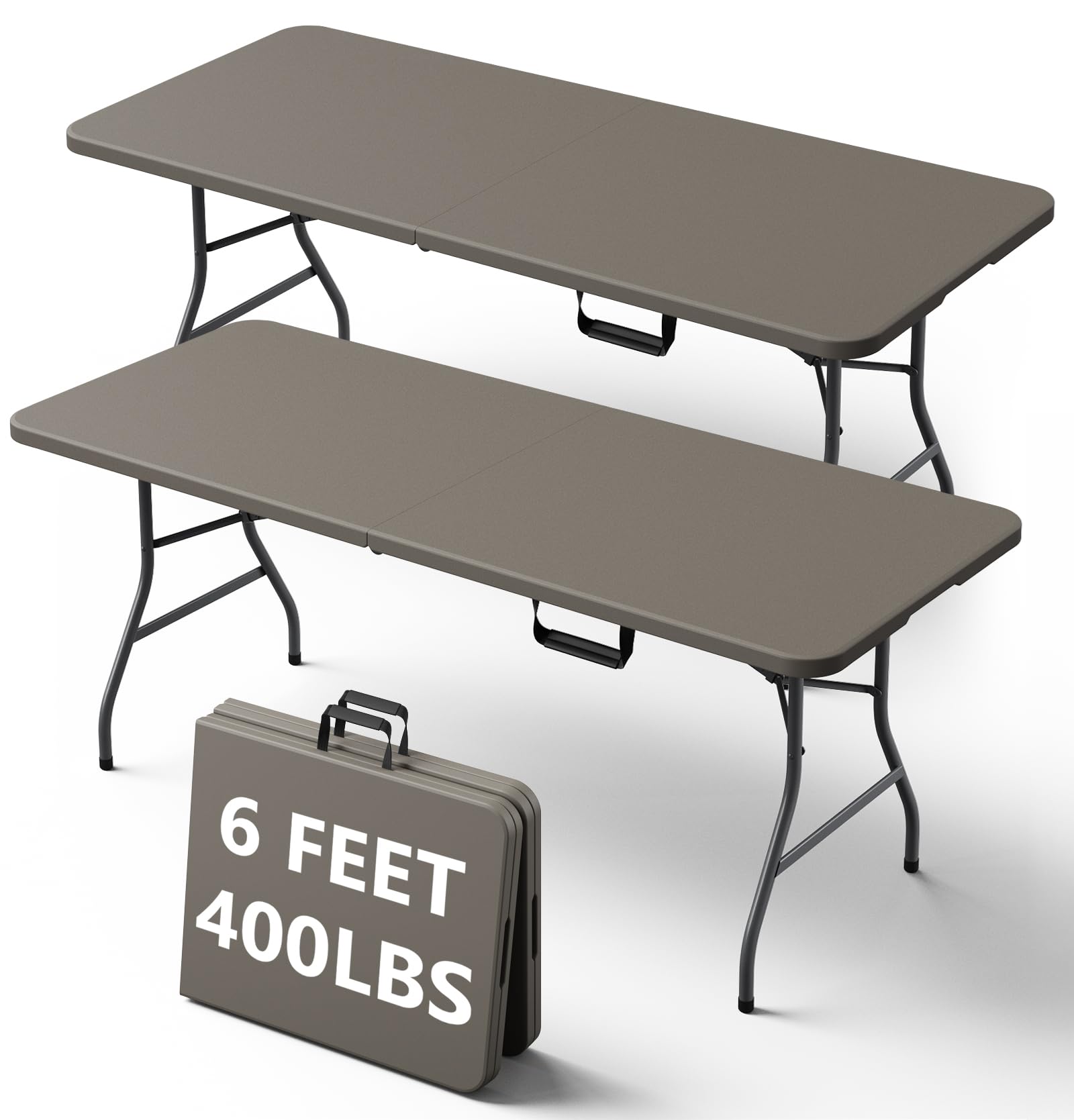 8FT Folding Table, Heavy Duty Plastic Fold-in-Half Utility Table with Handle, Portable Camping Picnic Table with Steel Legs for Indoor Outdoor Party, Dining, BrownBlack