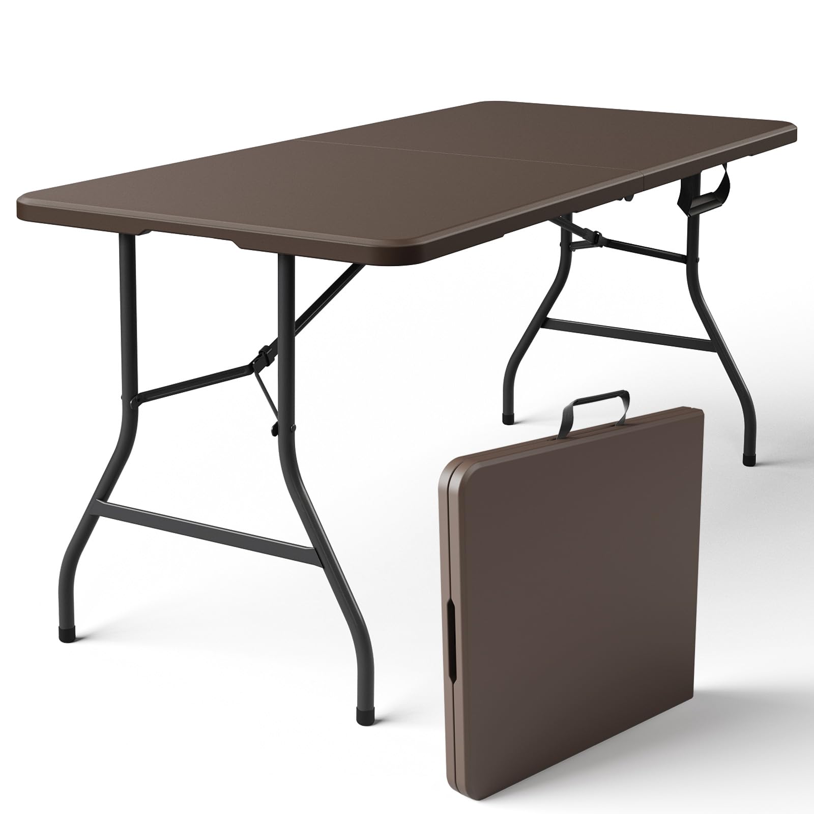 Folding Table 4ft - Heavy Duty Fold-in-Half Plastic Table with Adjustable Height, Portable Utility Tables with Steel Legs for Indoor, Outdoor, Picnic, Camping, Dining, Party (White)