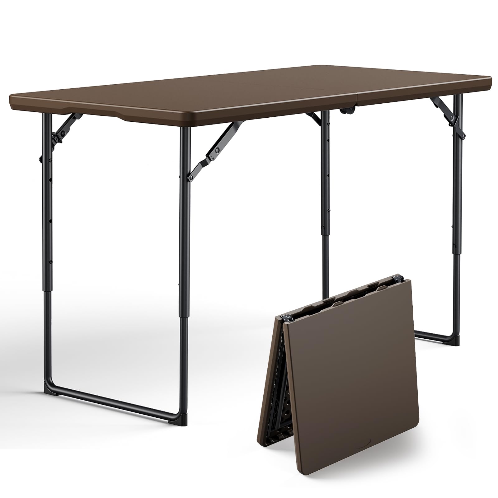 8FT Folding Table, Heavy Duty Plastic Fold-in-Half Utility Table with Handle, Portable Camping Picnic Table with Steel Legs for Indoor Outdoor Party, Dining, BrownBlack