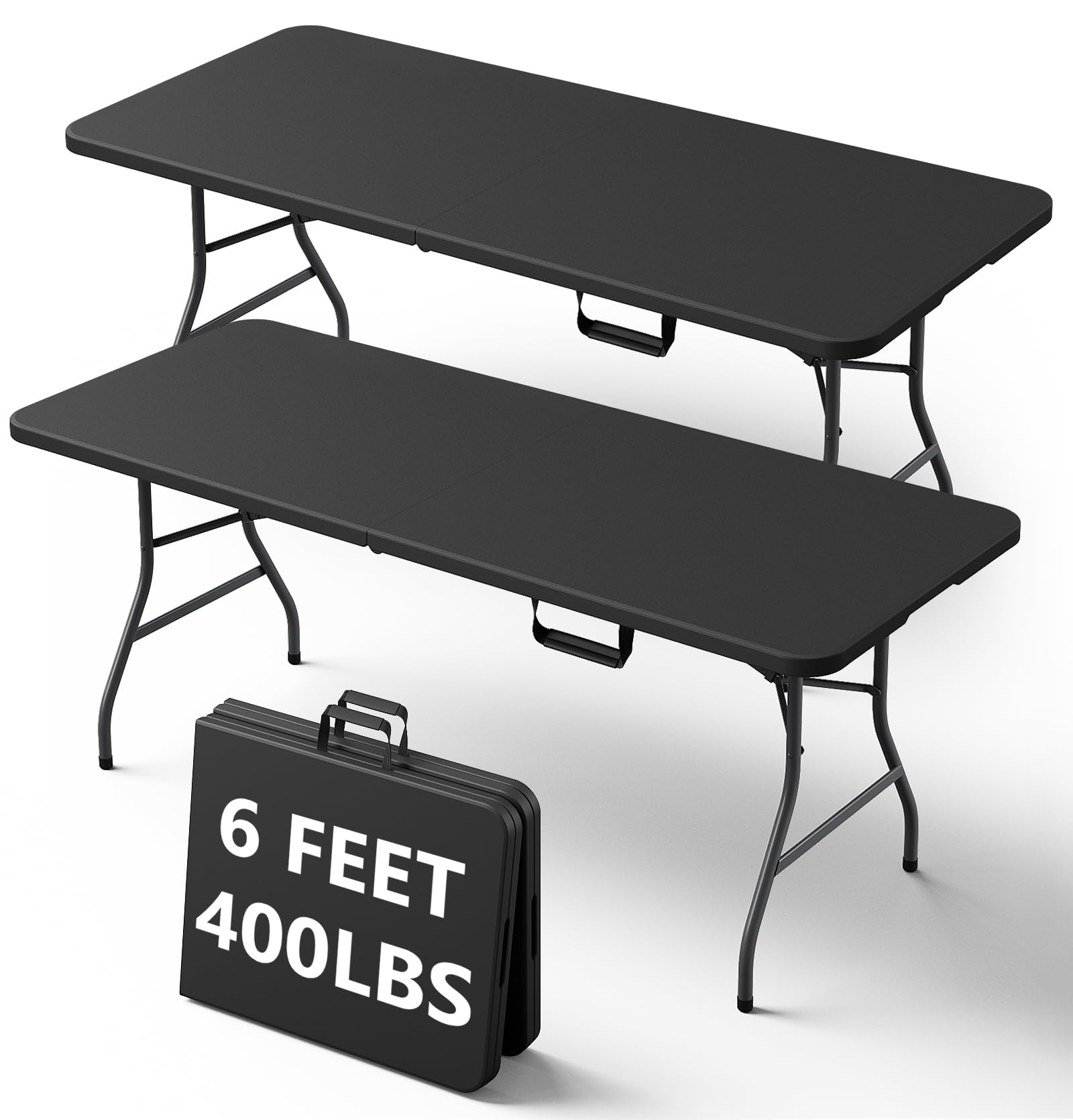 8FT Folding Table, Heavy Duty Plastic Fold-in-Half Utility Table with Handle, Portable Camping Picnic Table with Steel Legs for Indoor Outdoor Party, Dining, BrownBlack