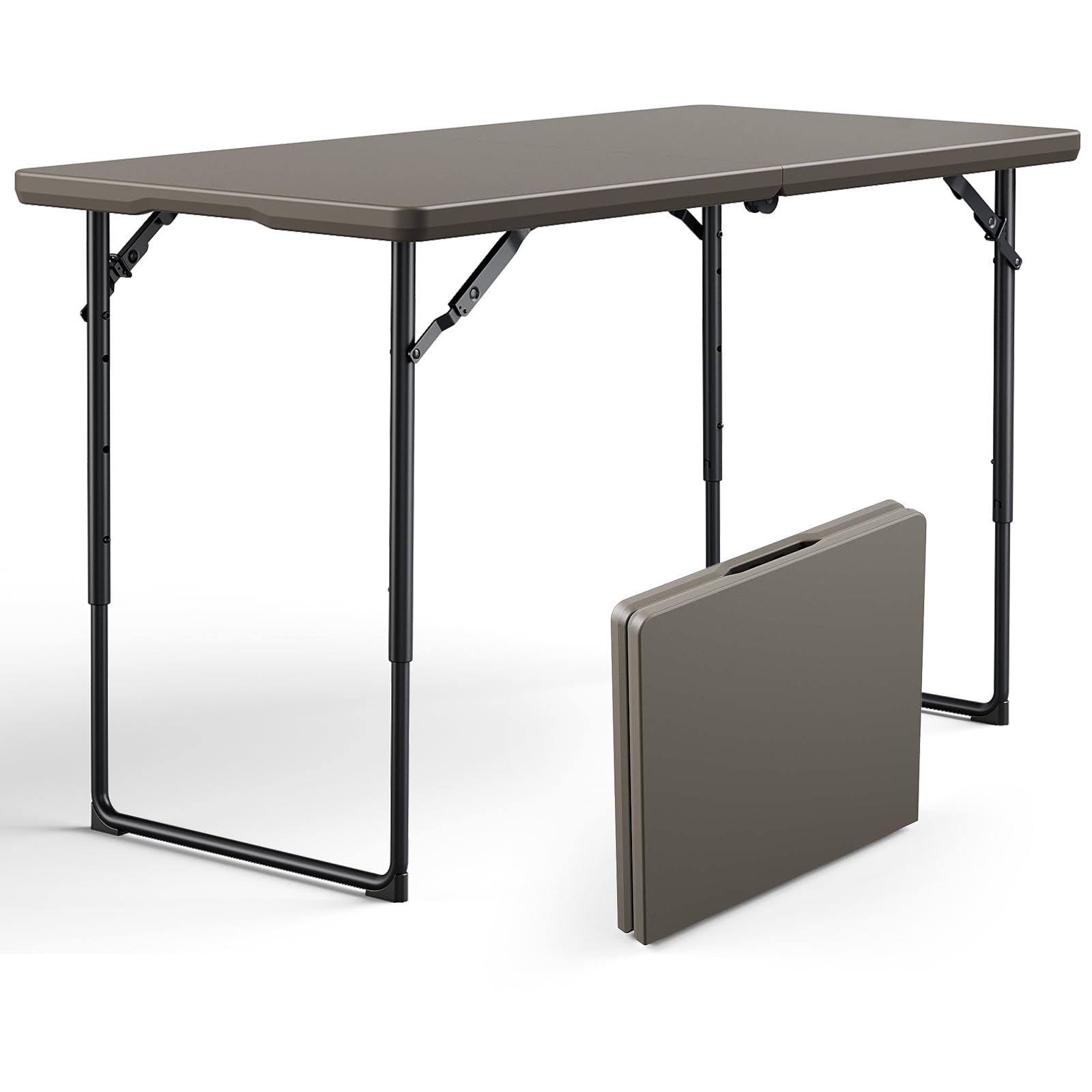 Folding Table 4ft - Heavy Duty Fold-in-Half Plastic Table with Adjustable Height, Portable Utility Tables with Steel Legs for Indoor, Outdoor, Picnic, Camping, Dining, Party (White)