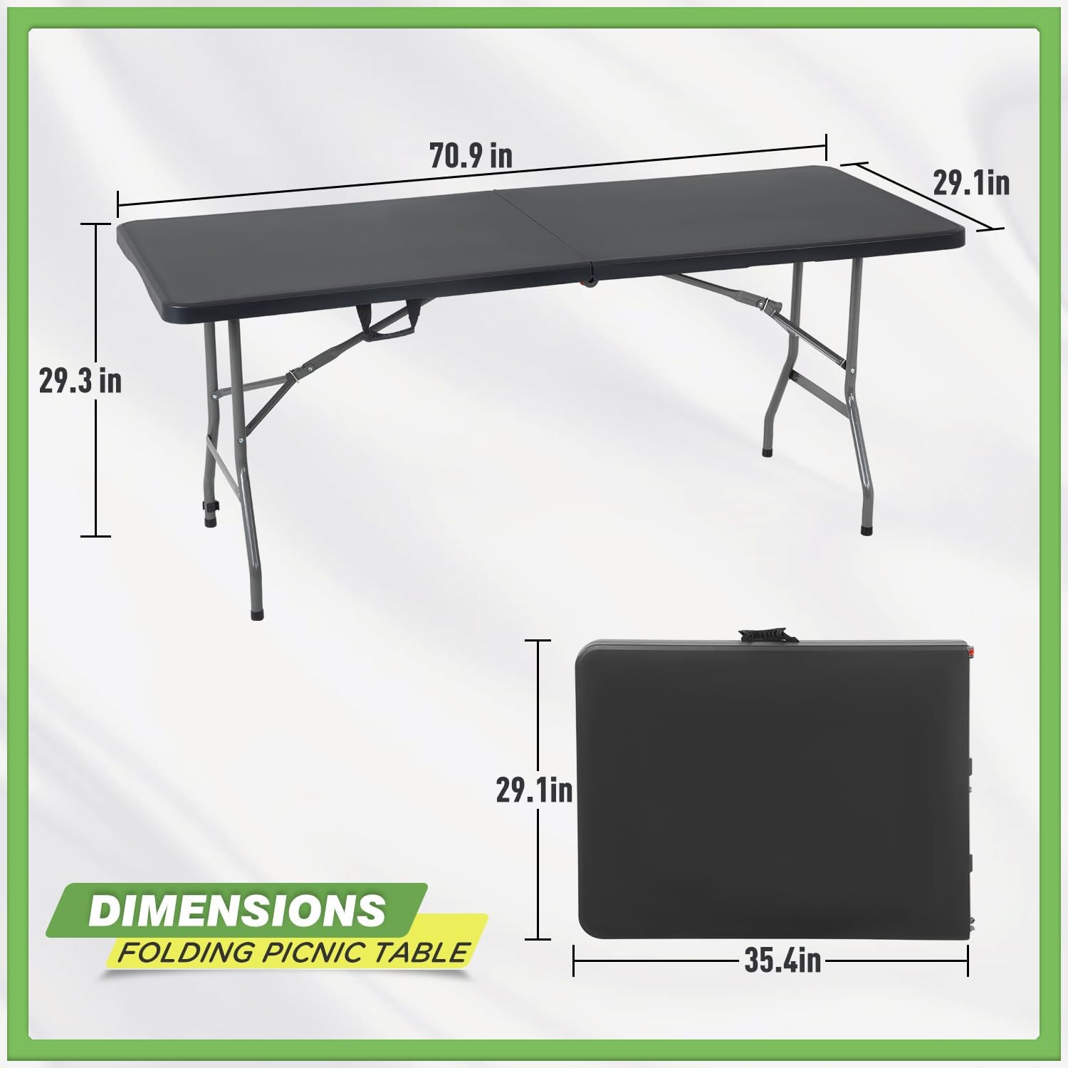 BestOffice Outdoor 6 FT Folding Camping Table Plastic Table Portable Square Height Dining Table Perfect for Picnics, Parties, Party and Camping, Black