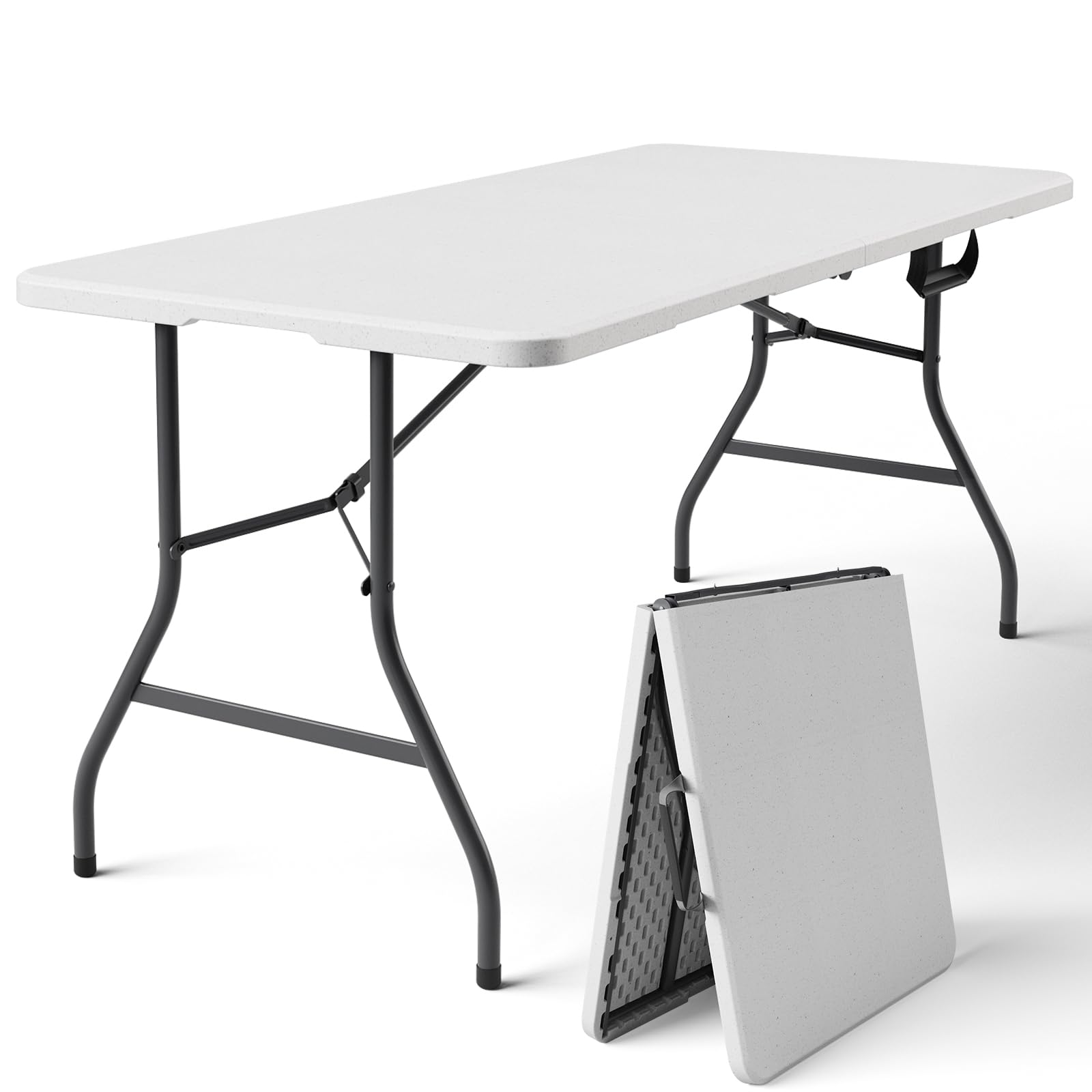 8FT Folding Table, Heavy Duty Plastic Fold-in-Half Utility Table with Handle, Portable Camping Picnic Table with Steel Legs for Indoor Outdoor Party, Dining, BrownBlack