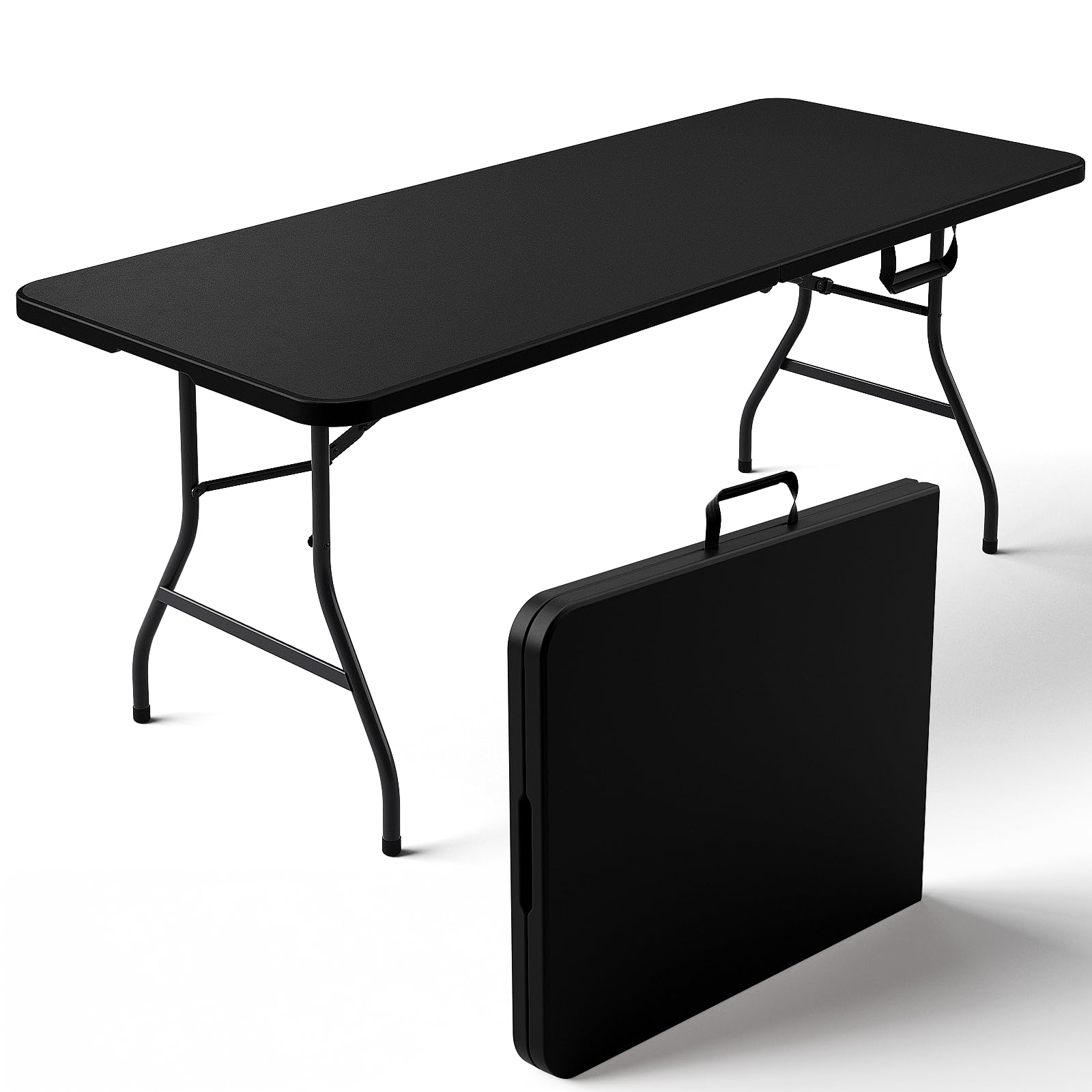 Folding Table 4ft - Heavy Duty Fold-in-Half Plastic Table with Adjustable Height, Portable Utility Tables with Steel Legs for Indoor, Outdoor, Picnic, Camping, Dining, Party (White)