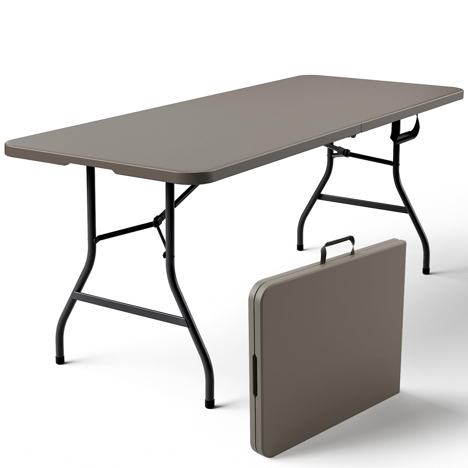 8FT Folding Table, Heavy Duty Plastic Fold-in-Half Utility Table with Handle, Portable Camping Picnic Table with Steel Legs for Indoor Outdoor Party, Dining, BrownBlack