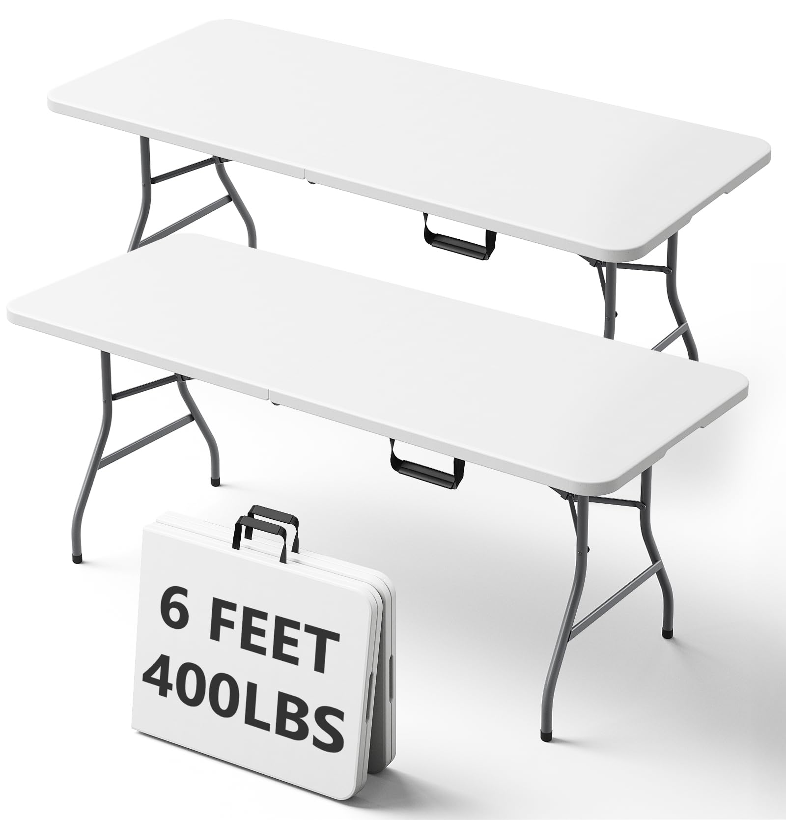 8FT Folding Table, Heavy Duty Plastic Fold-in-Half Utility Table with Handle, Portable Camping Picnic Table with Steel Legs for Indoor Outdoor Party, Dining, BrownBlack