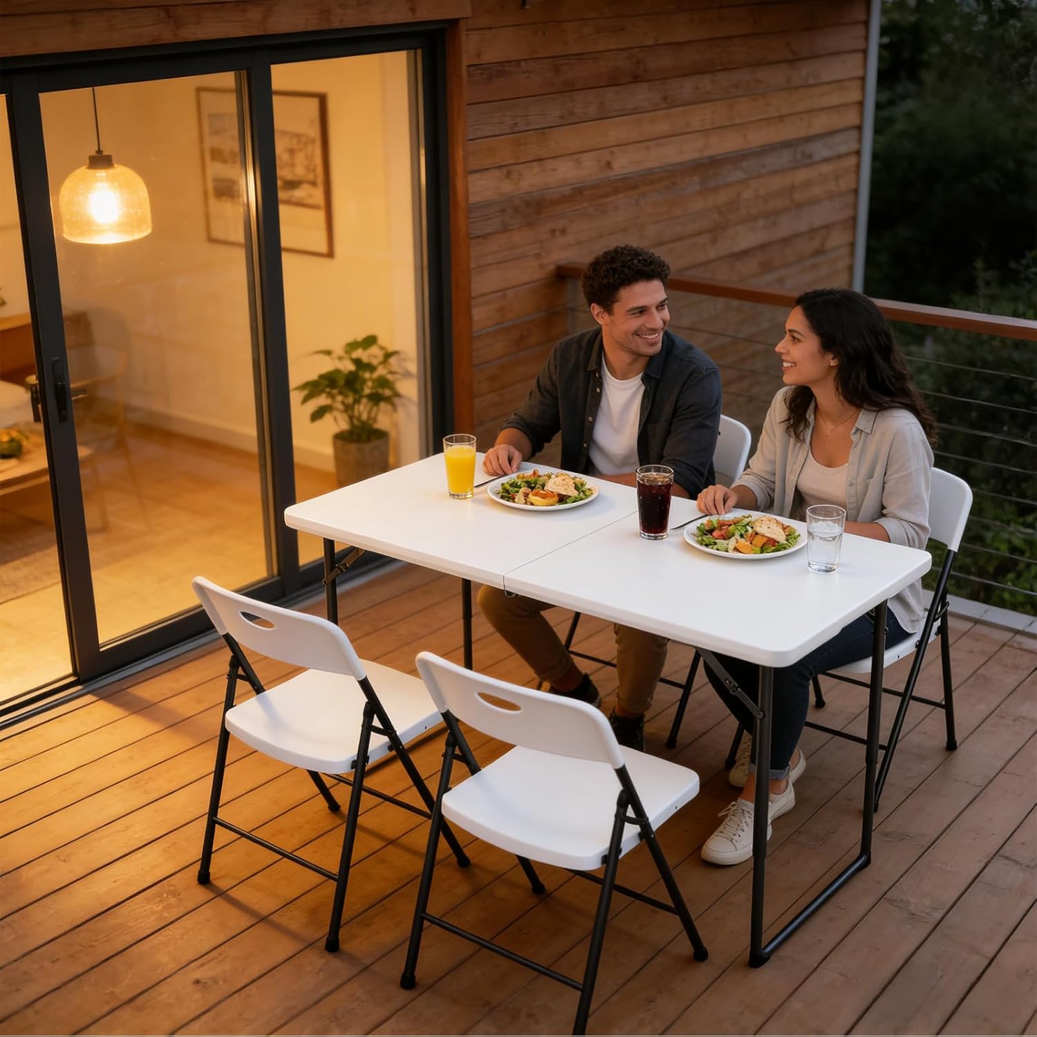 Folding Table 4ft - Heavy Duty Fold-in-Half Plastic Table with Adjustable Height, Portable Utility Tables with Steel Legs for Indoor, Outdoor, Picnic, Camping, Dining, Party (White)