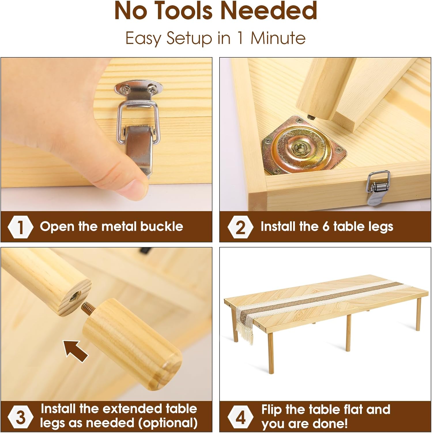 Folding Picnic Table with Table Runner, Portable Boho Low Picnic Table for Indoor Outdoor, 60" x 30" Wooden Table with Adjustable Heights for Camping, Wedding, Beach, Garden, Party(Large Size for 6)