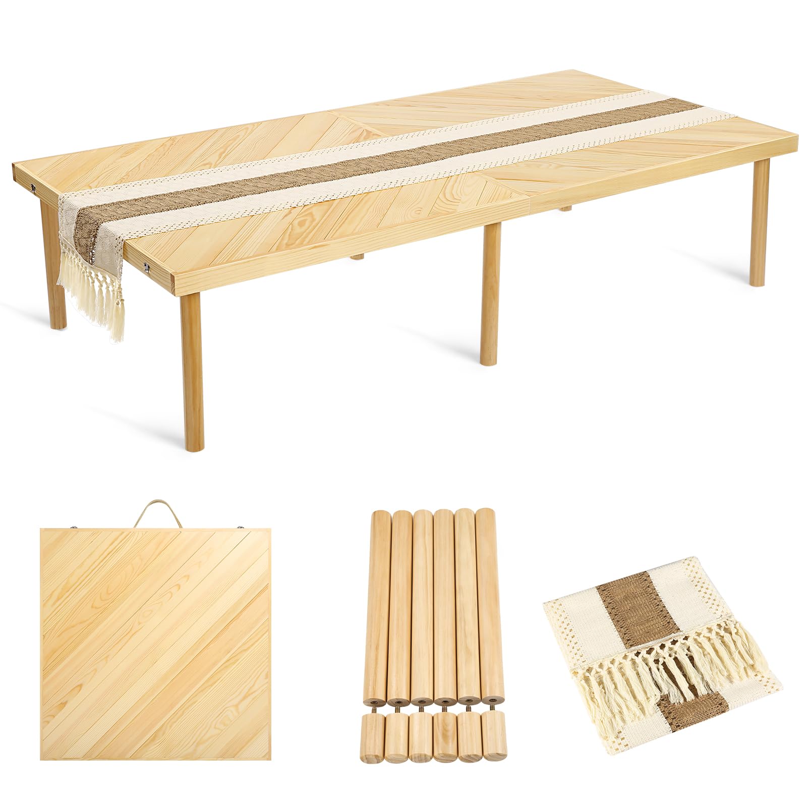 Folding Picnic Table with Table Runner, Portable Boho Low Picnic Table for Indoor Outdoor, 60" x 30" Wooden Table with Adjustable Heights for Camping, Wedding, Beach, Garden, Party(Large Size for 6)