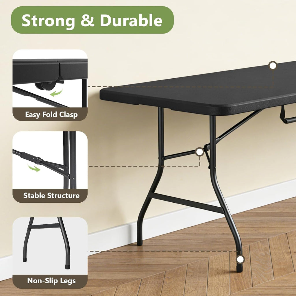 8FT Folding Table, Heavy Duty Plastic Fold-in-Half Utility Table with Handle, Portable Camping Picnic Table with Steel Legs for Indoor Outdoor Party, Dining, BrownBlack