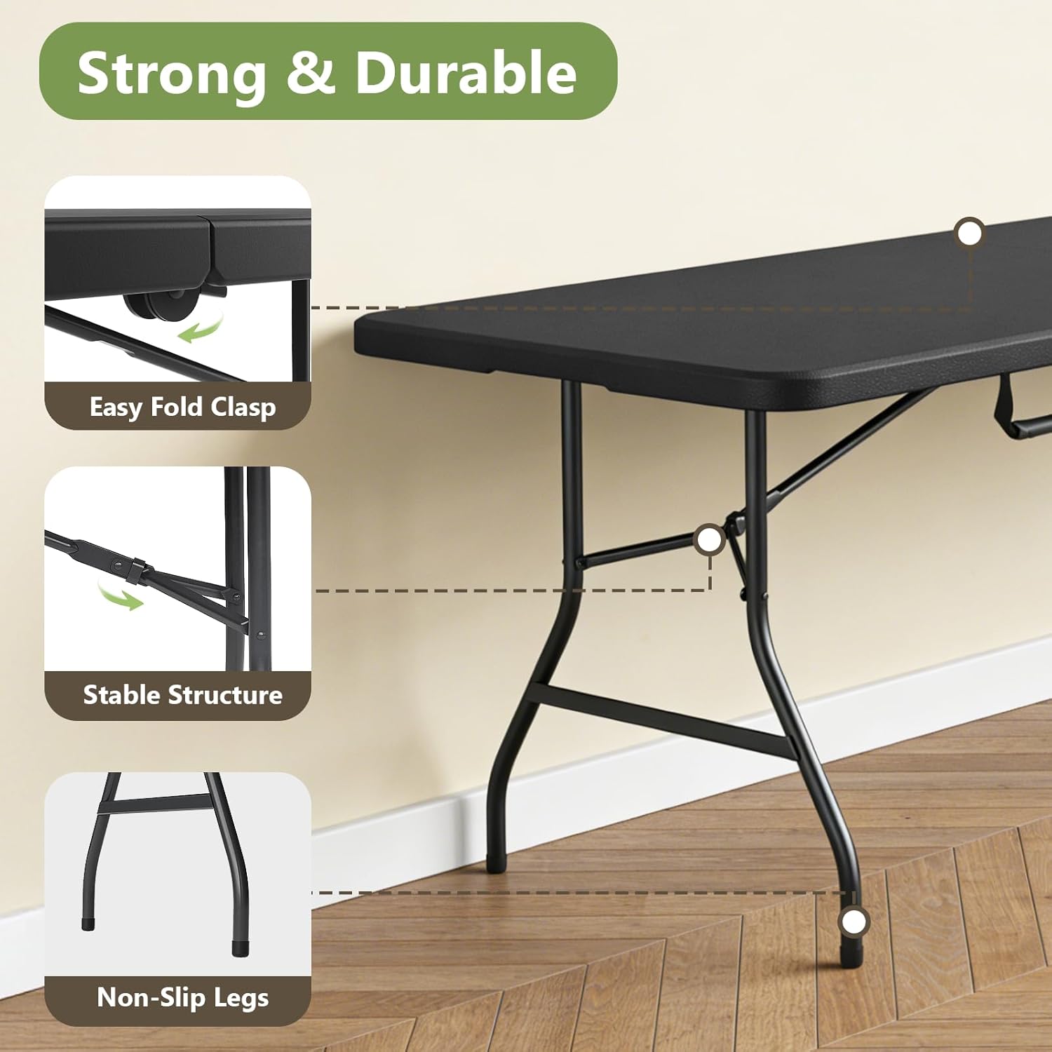 8FT Folding Table, Heavy Duty Plastic Fold-in-Half Utility Table with Handle, Portable Camping Picnic Table with Steel Legs for Indoor Outdoor Party, Dining, BrownBlack