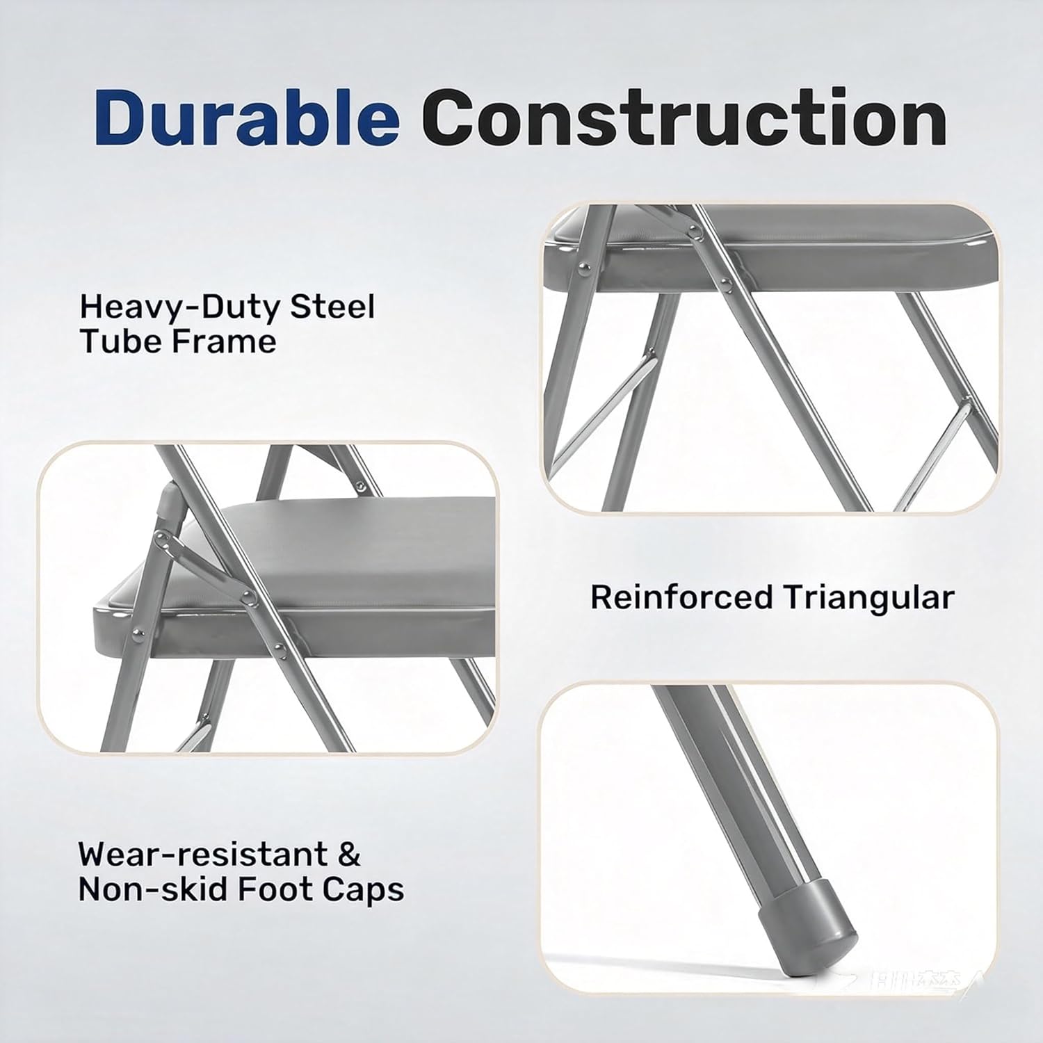 Simple Deluxe 2 Pack Folding Chairs – Padded Leather Seats, Heavy-Duty Metal Frame | Collapsible & Lightweight for Indoor/Outdoor Events, Home, Office, Grey