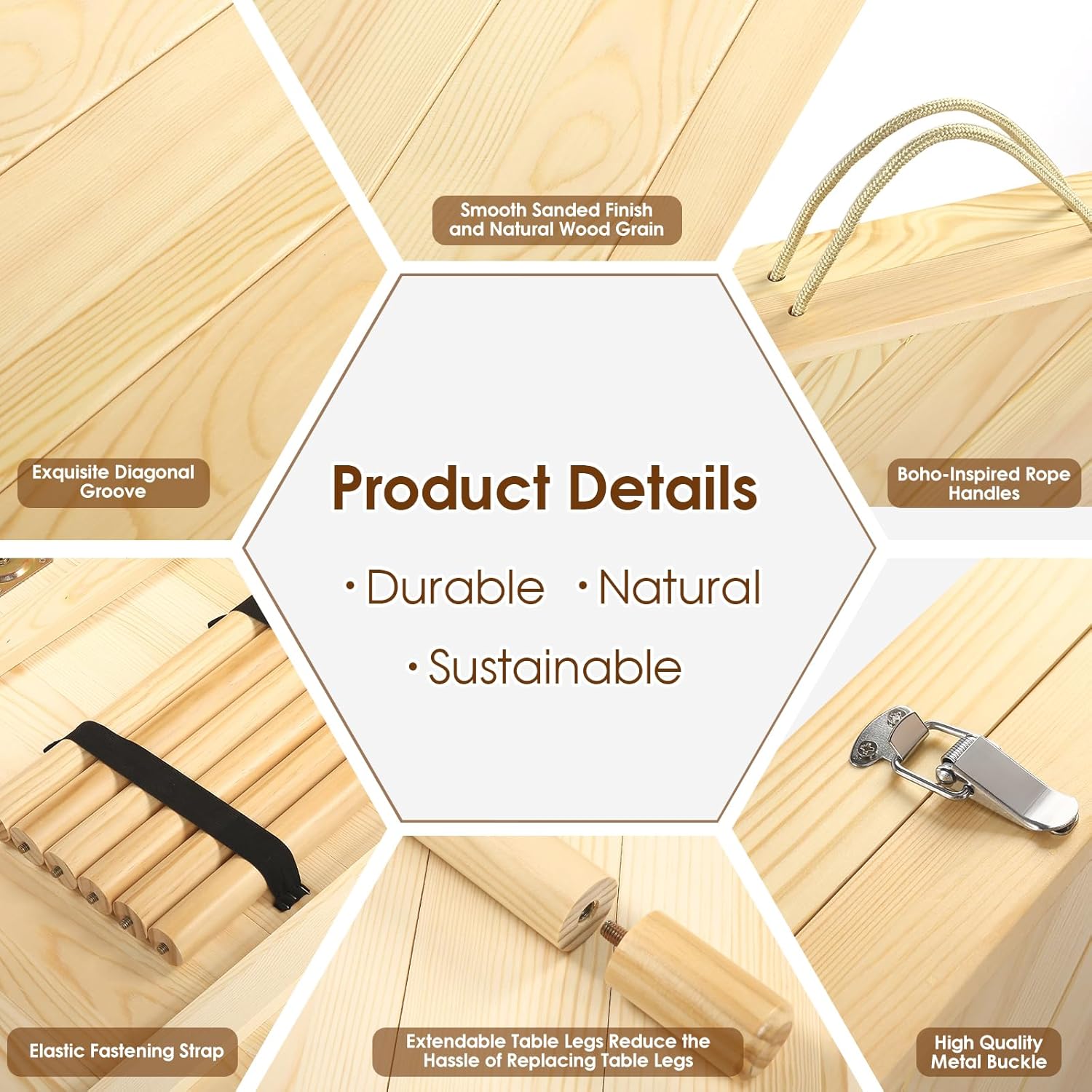 Folding Picnic Table with Table Runner, Portable Boho Low Picnic Table for Indoor Outdoor, 60" x 30" Wooden Table with Adjustable Heights for Camping, Wedding, Beach, Garden, Party(Large Size for 6)