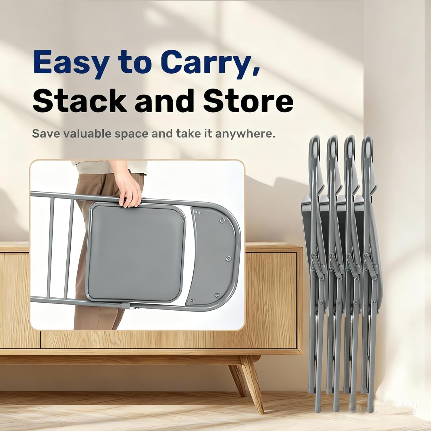 Simple Deluxe 2 Pack Folding Chairs – Padded Leather Seats, Heavy-Duty Metal Frame | Collapsible & Lightweight for Indoor/Outdoor Events, Home, Office, Grey