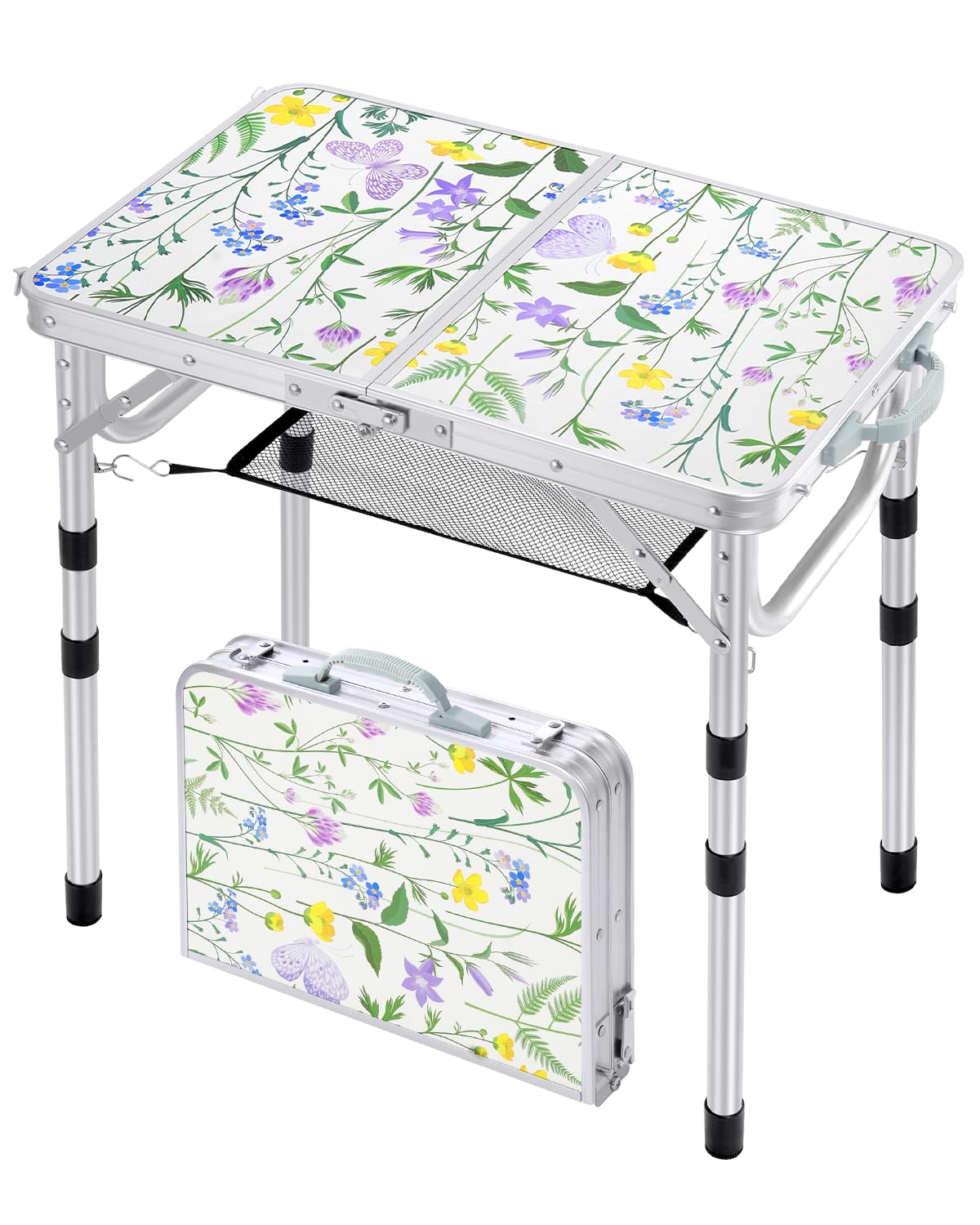 Sportneer Camping Table: Adjustable Height Small Folding Table 23.6" L x 15.7" W 4 Height with Mesh Layer - Compact & Portable Camping Essentials for Outdoor Camp Garden Picnic BBQ Dining Cooking