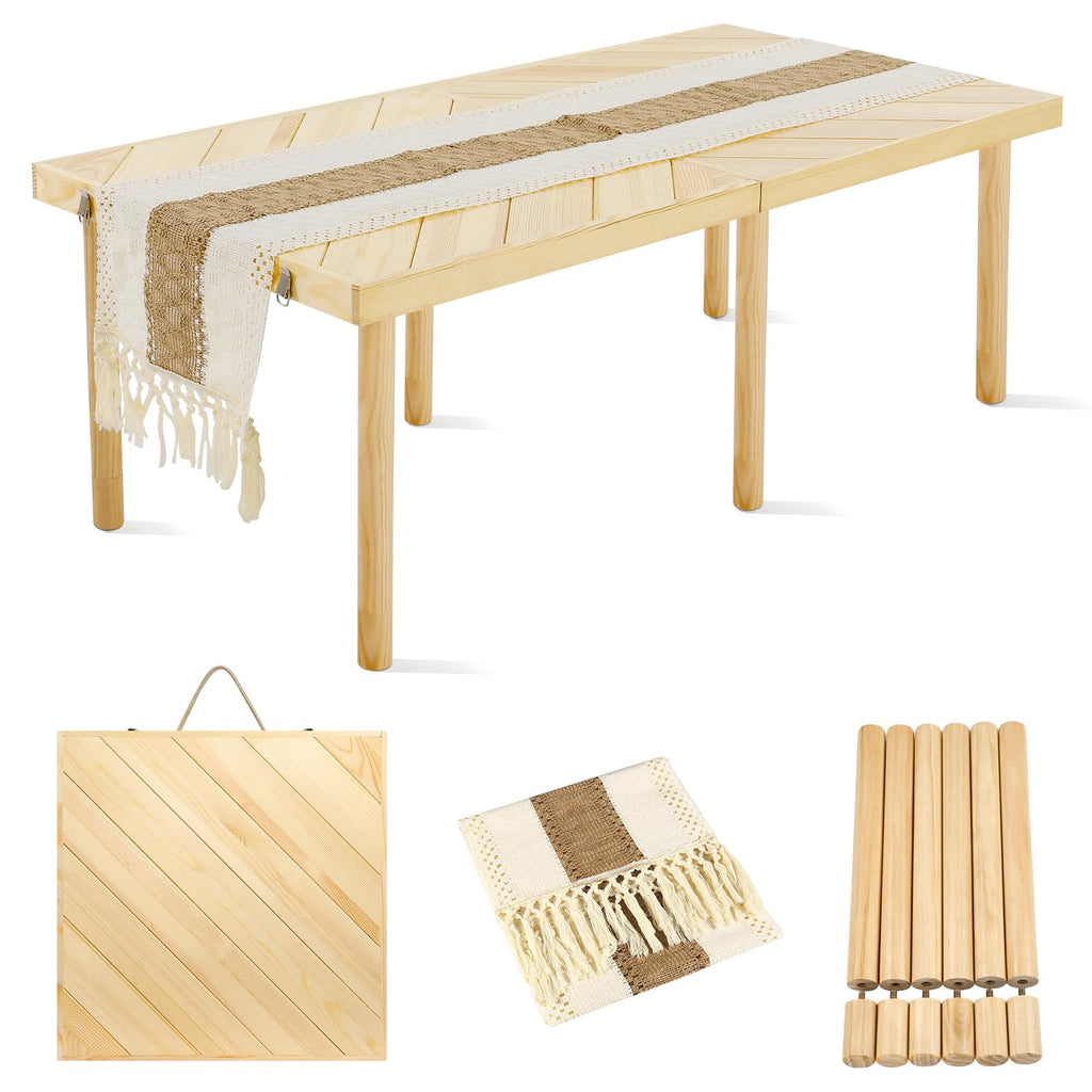 Folding Picnic Table with Table Runner, Portable Boho Low Picnic Table for Indoor Outdoor, 60" x 30" Wooden Table with Adjustable Heights for Camping, Wedding, Beach, Garden, Party(Large Size for 6)
