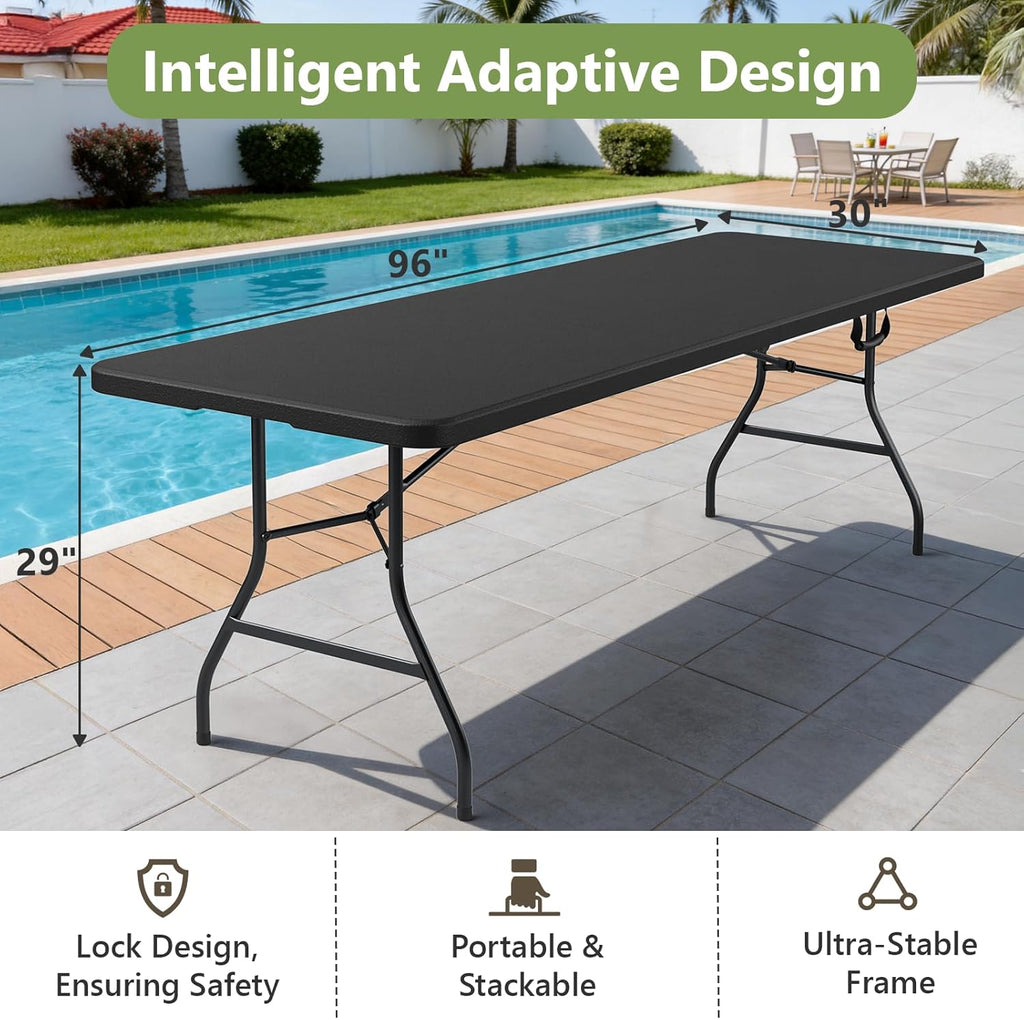 8FT Folding Table, Heavy Duty Plastic Fold-in-Half Utility Table with Handle, Portable Camping Picnic Table with Steel Legs for Indoor Outdoor Party, Dining, BrownBlack